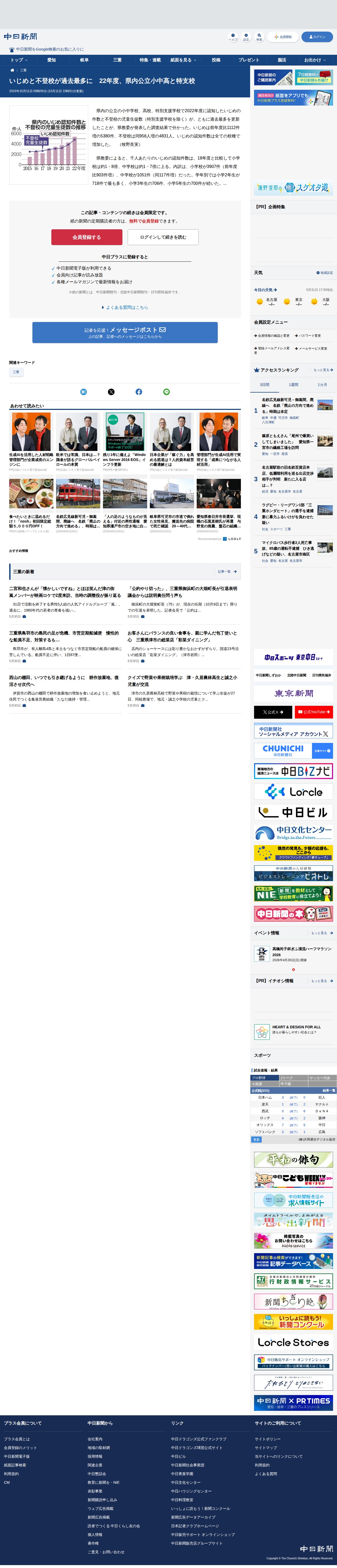 いじめと不登校が過去最多に 22年度、県内公立小中高と特支校:中日新聞Web - 保存されたスクリーンショット