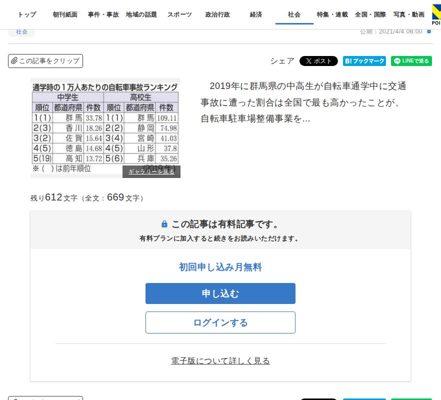 中高生の自転車通学中の事故 群馬県19年、また全国ワースト | 上毛新聞電子版|群馬県のニュース・スポーツ情報 - 保存されたスクリーンショット