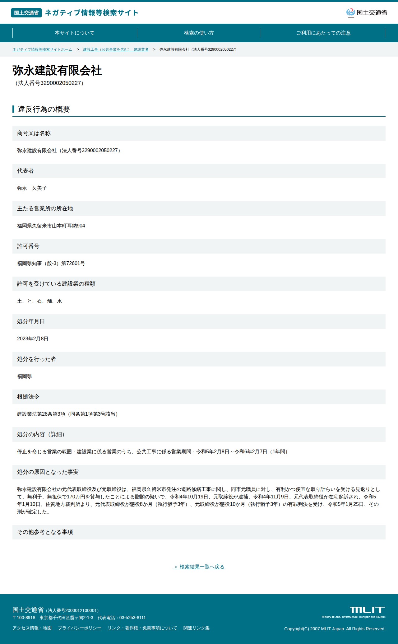 弥永建設有限会社(法人番号3290002050227) - 国土交通省 ネガティブ情報等検索サイト - 保存されたスクリーンショット