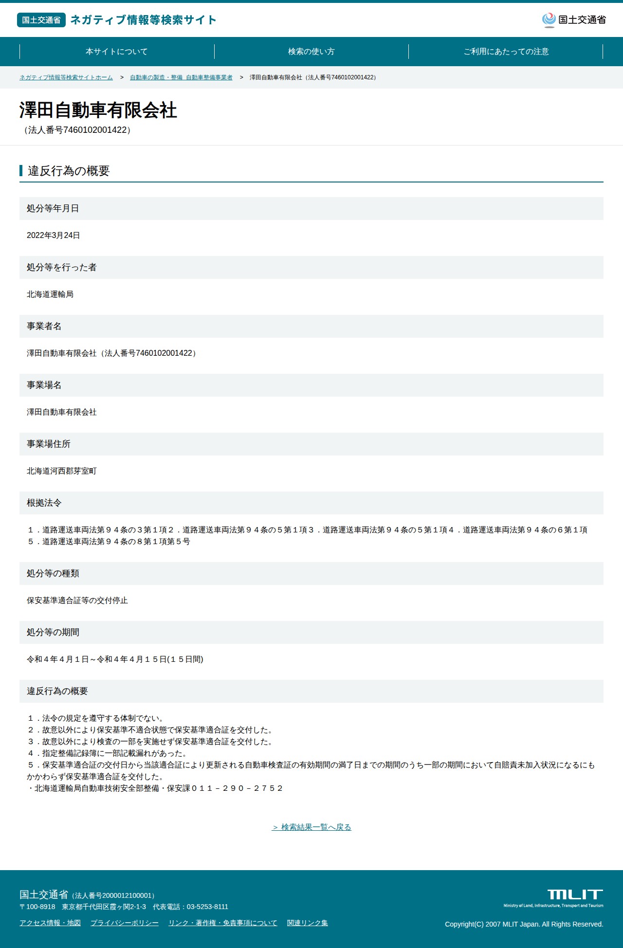 澤田自動車有限会社(法人番号7460102001422) - 国土交通省 ネガティブ情報等検索サイト - 保存されたスクリーンショット