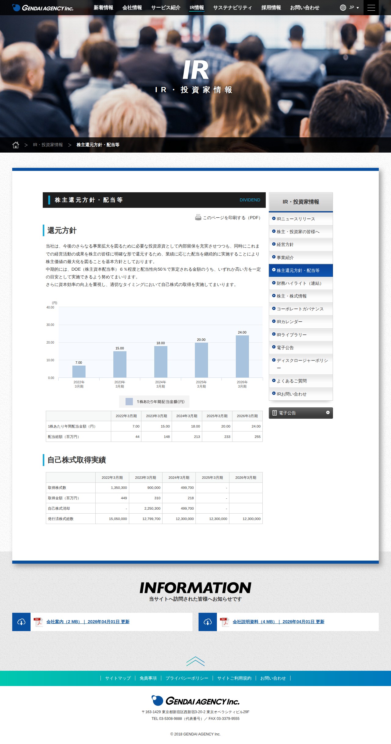 株主還元方針・配当等|IR・投資家情報|ゲンダイエージェンシー株式会社|GENDAI AGENCY INC. - 保存されたスクリーンショット