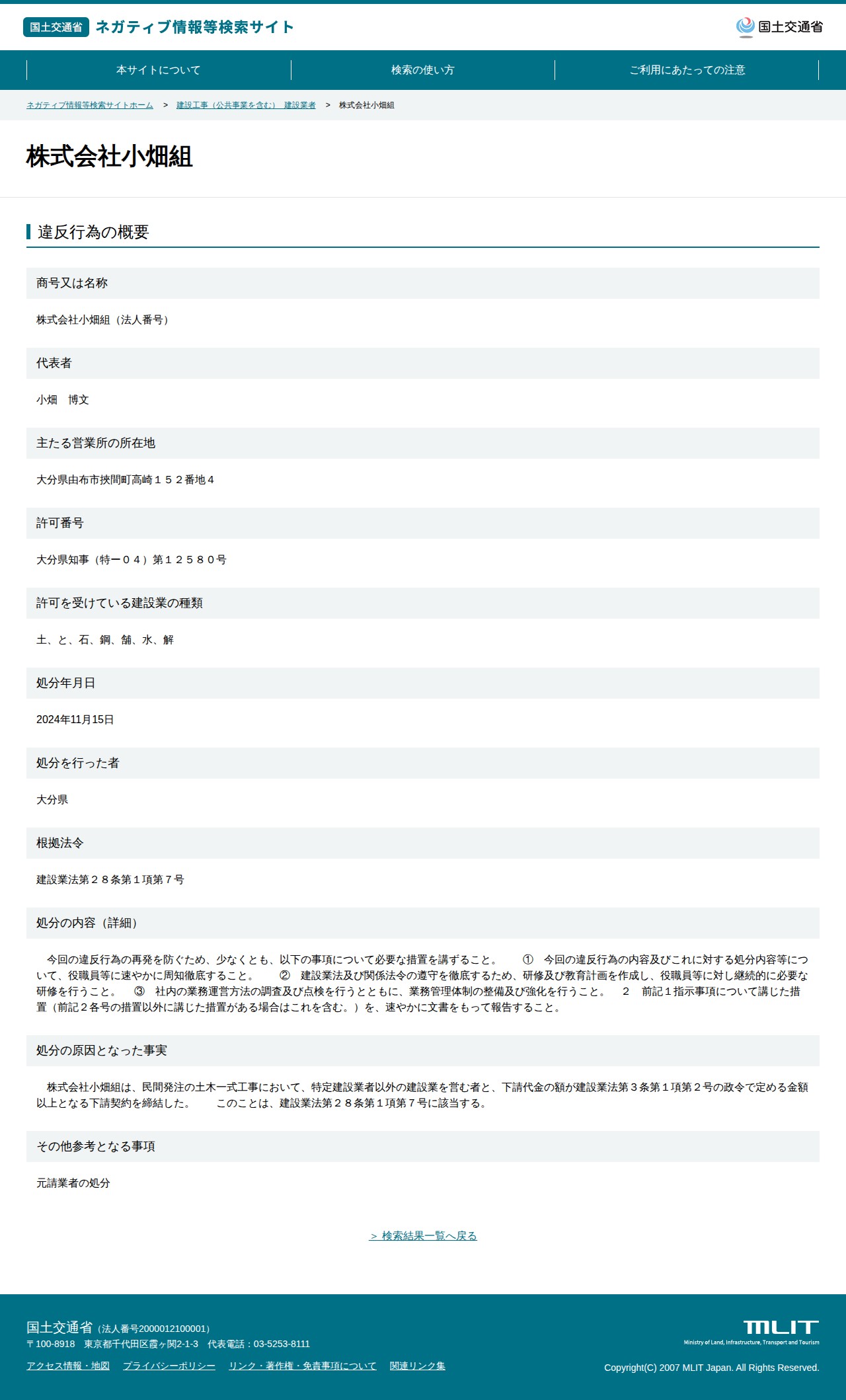 株式会社小畑組 - 国土交通省 ネガティブ情報等検索サイト - 保存されたスクリーンショット