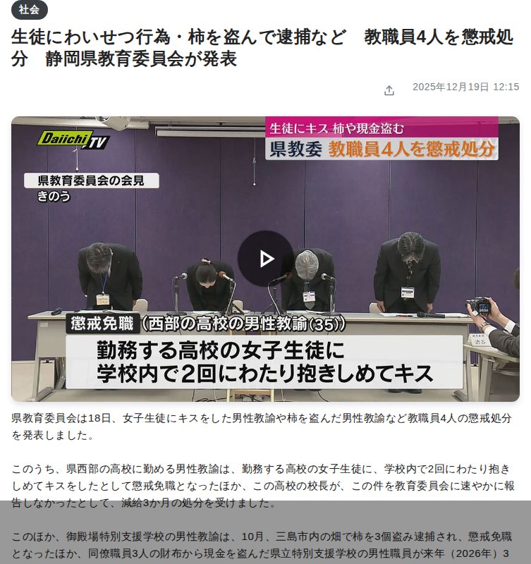 生徒にわいせつ行為・柿を盗んで逮捕など 教職員4人を懲戒処分 静岡県教育委員会が発表(2025年12月19日掲載)|Daiichi-TV NEWS NNN - 保存されたスクリーンショット