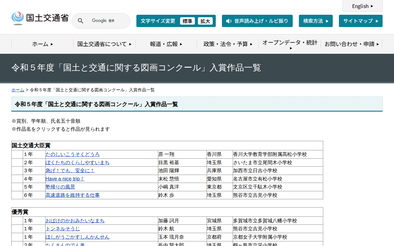 令和5年度「国土と交通に関する図画コンクール」入賞作品一覧 - 国土交通省 - 保存されたスクリーンショット