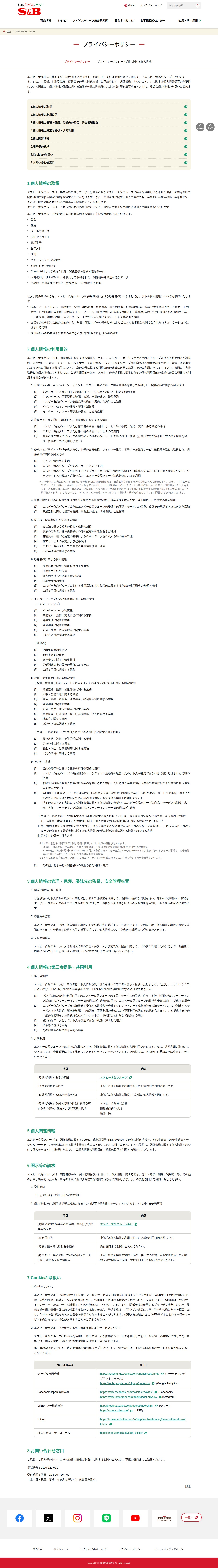 プライバシーポリシー|エスビー食品株式会社 - 保存されたスクリーンショット