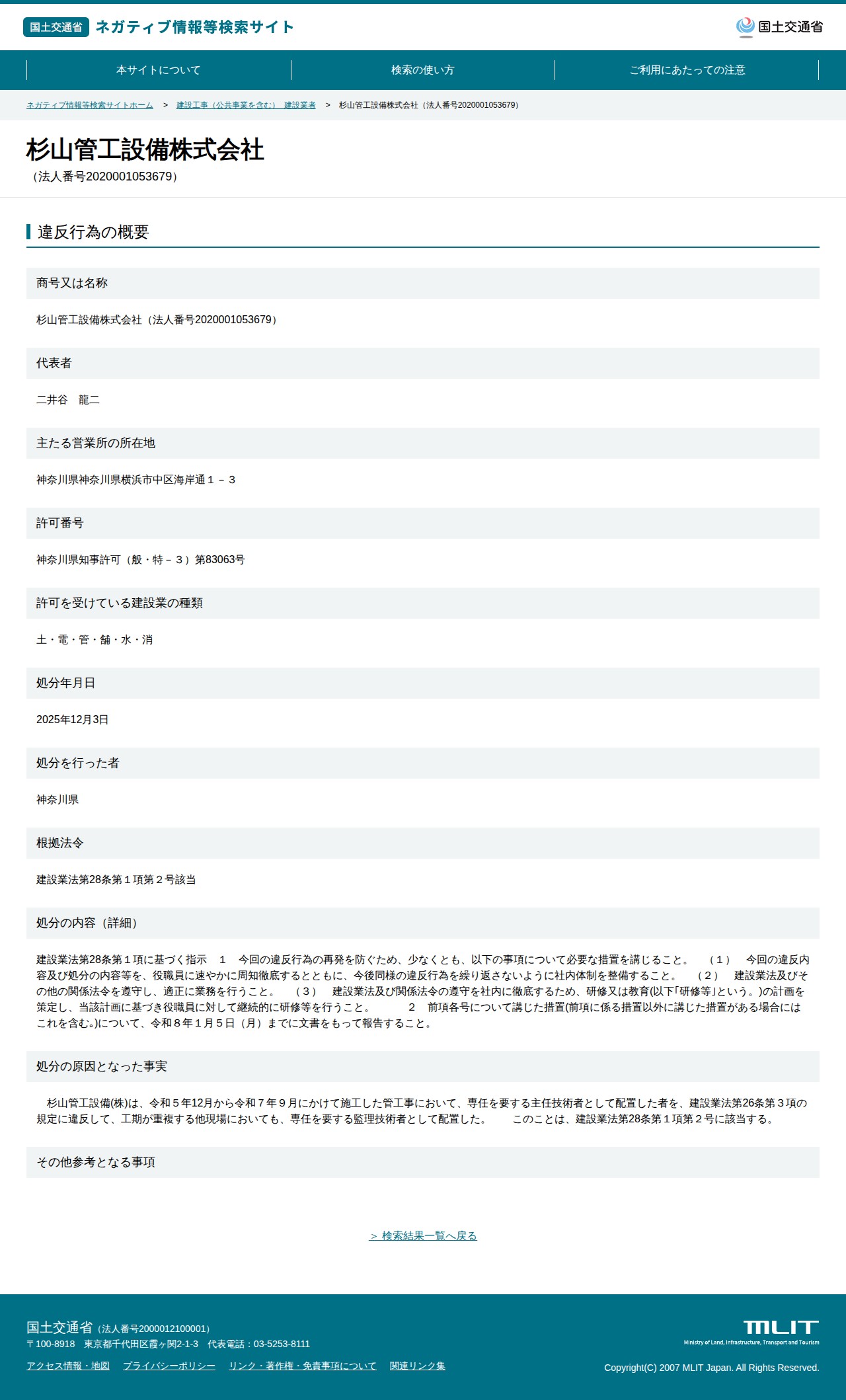杉山管工設備株式会社(法人番号2020001053679) - 国土交通省 ネガティブ情報等検索サイト - 保存されたスクリーンショット