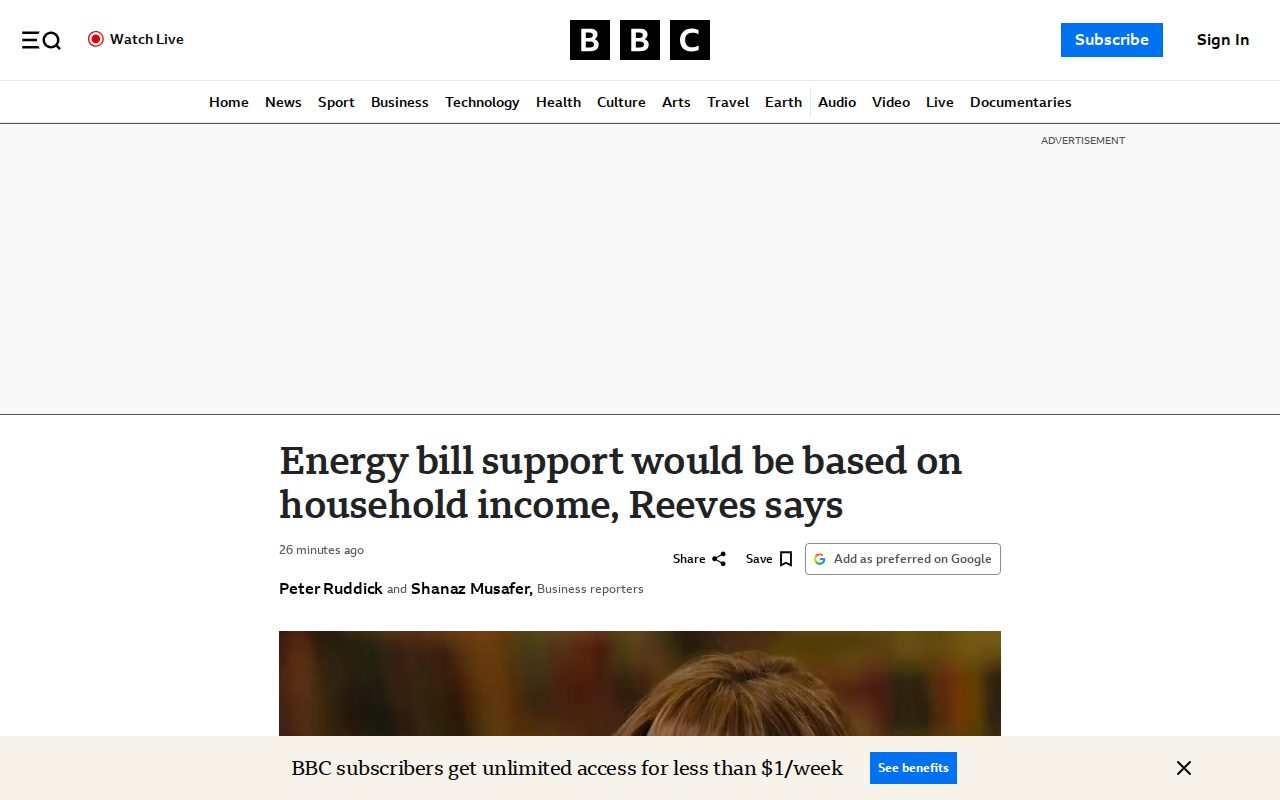 Energy bill support would be based on household income, Reeves says - 保存されたスクリーンショット