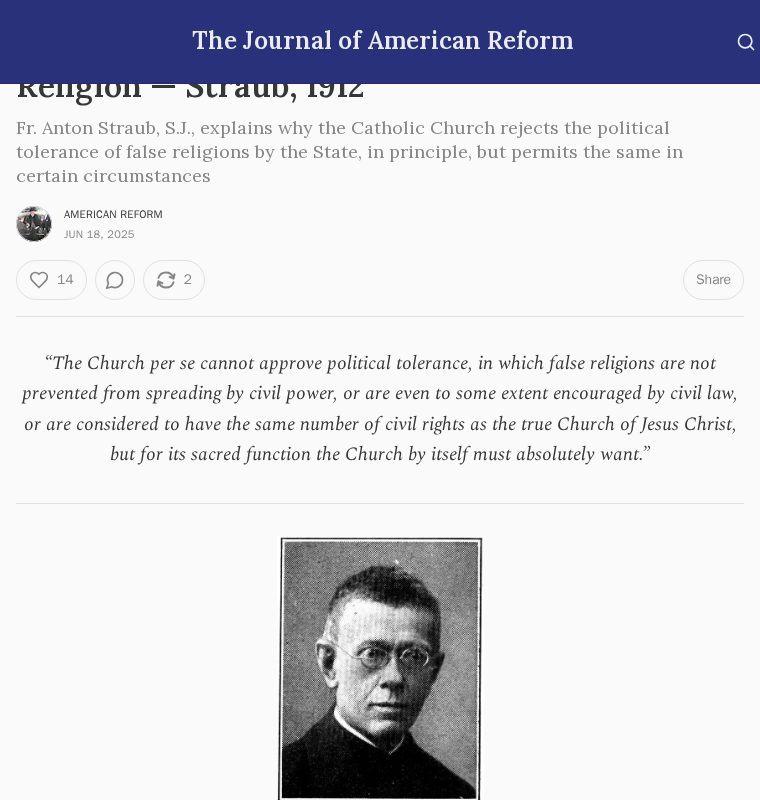 The Church and political tolerance for a false religion — Straub, 1912 - 保存されたスクリーンショット