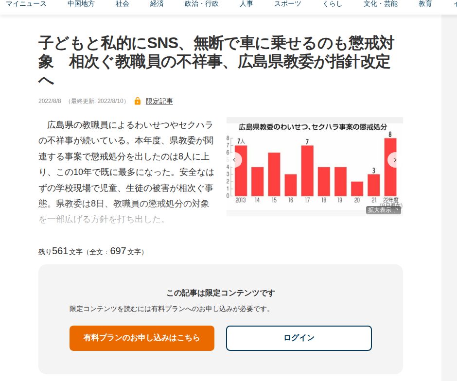 子どもと私的にSNS、無断で車に乗せるのも懲戒対象 相次ぐ教職員の不祥事、広島県教委が指針改定へ | 中国新聞デジタル - 保存されたスクリーンショット