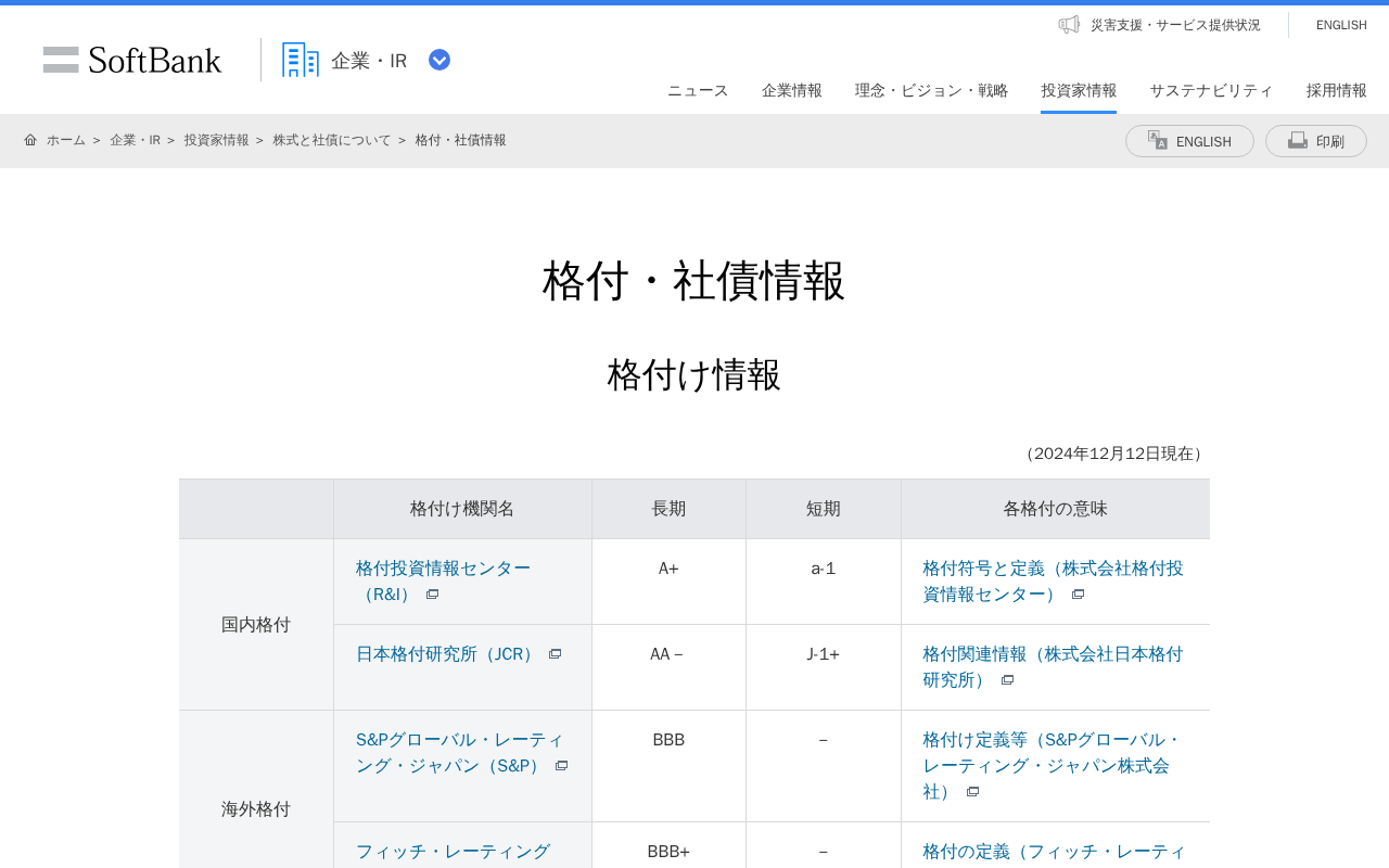 格付・社債情報 | 企業・IR | ソフトバンク - 保存されたスクリーンショット