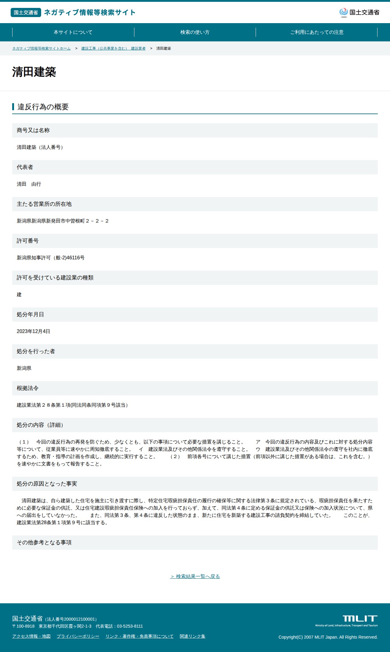 清田建築 - 国土交通省 ネガティブ情報等検索サイト - 保存されたスクリーンショット
