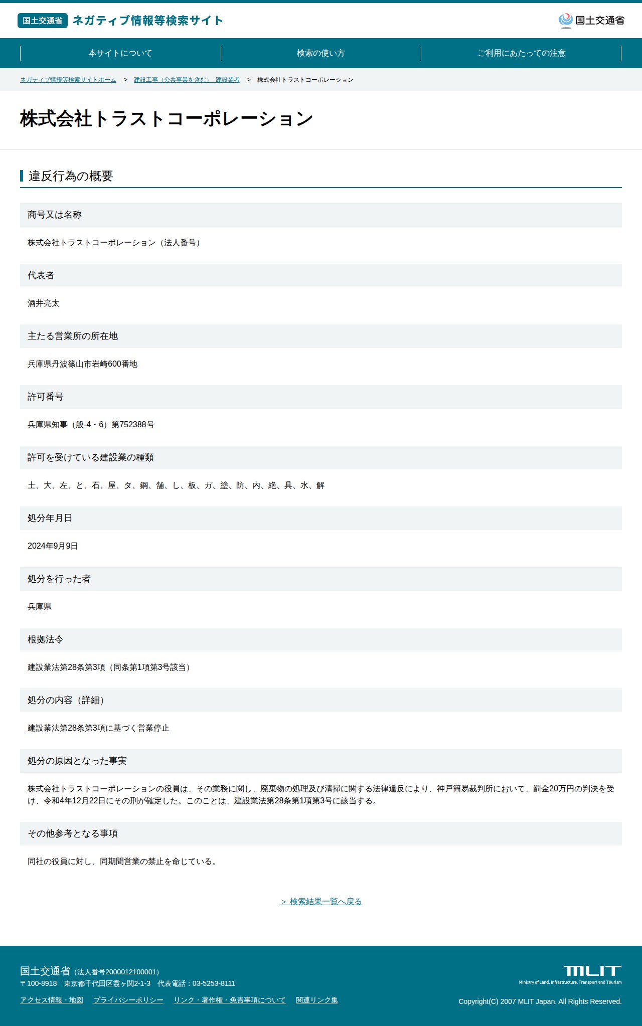 株式会社トラストコーポレーション - 国土交通省 ネガティブ情報等検索サイト - 保存されたスクリーンショット