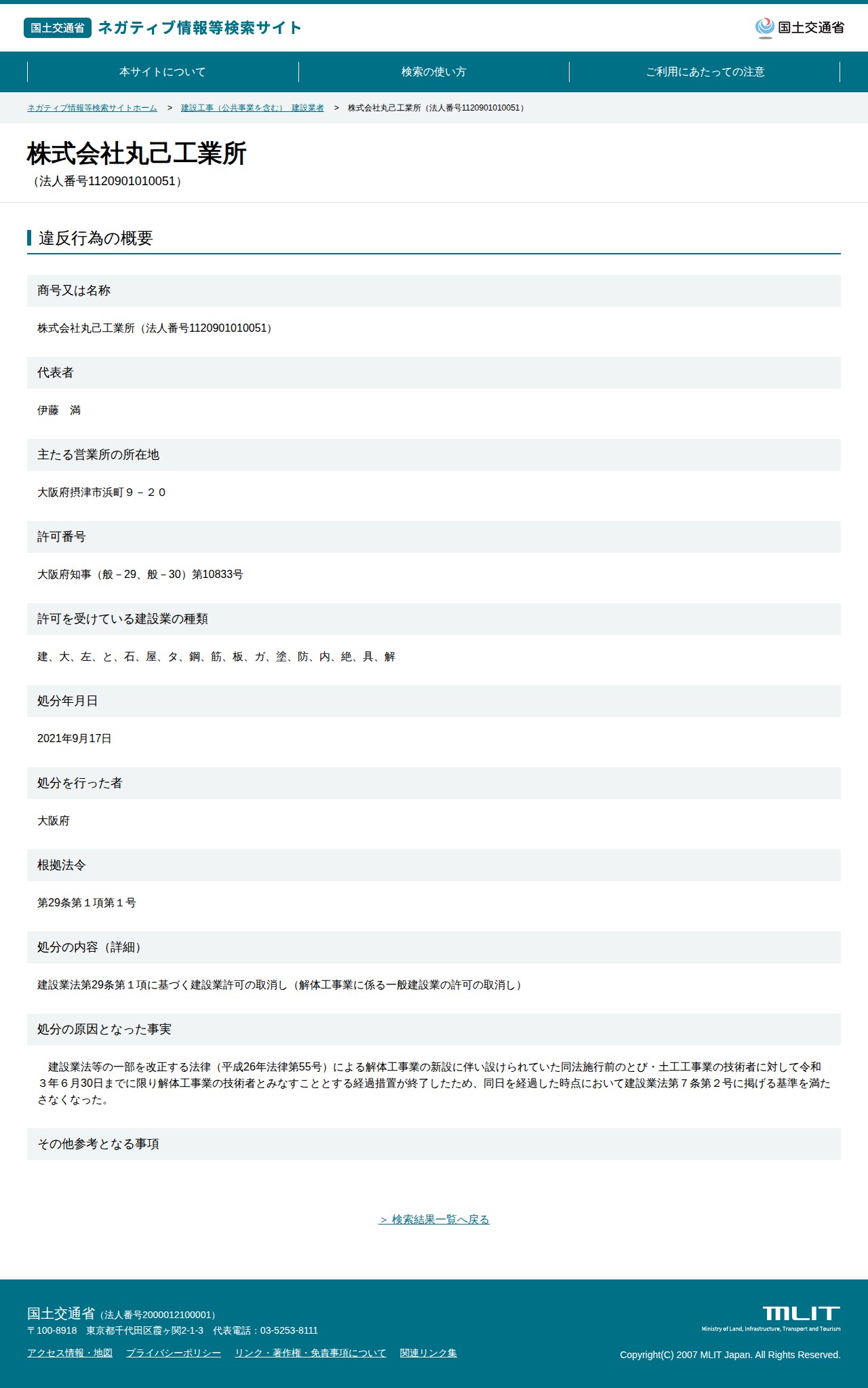 株式会社丸己工業所(法人番号1120901010051) - 国土交通省 ネガティブ情報等検索サイト - 保存されたスクリーンショット
