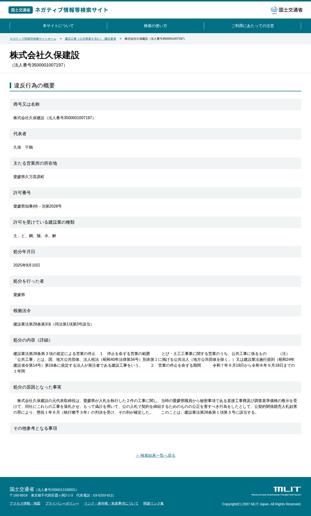 株式会社久保建設(法人番号3500001007197) - 国土交通省 ネガティブ情報等検索サイト - 保存されたスクリーンショット
