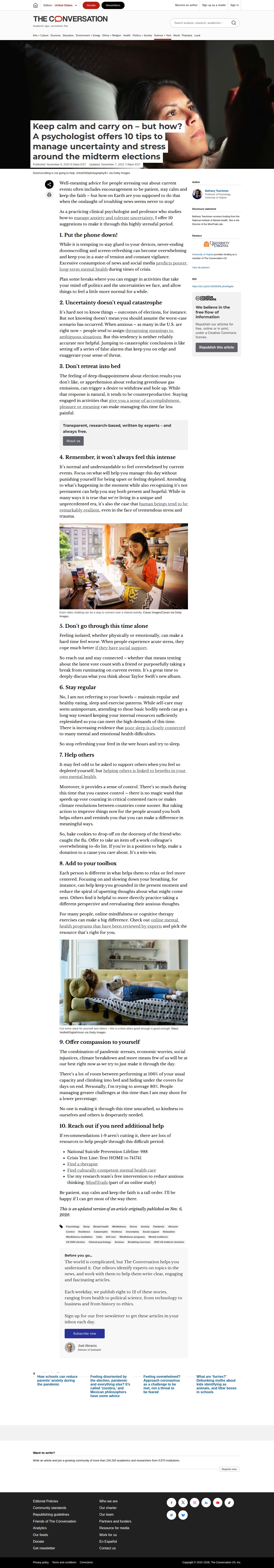Keep calm and carry on – but how? A psychologist offers 10 tips to manage uncertainty and stress around the midterm elections - 保存されたスクリーンショット