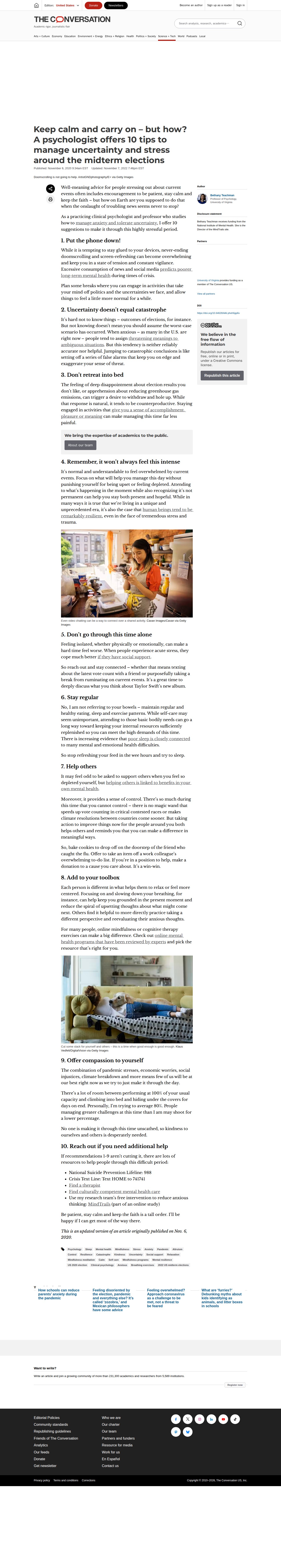 Keep calm and carry on – but how? A psychologist offers 10 tips to manage uncertainty and stress around the midterm elections - Saved screenshot