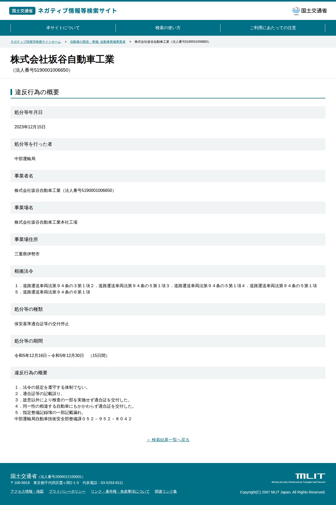 株式会社坂谷自動車工業(法人番号5190001006650) - 国土交通省 ネガティブ情報等検索サイト - 保存されたスクリーンショット
