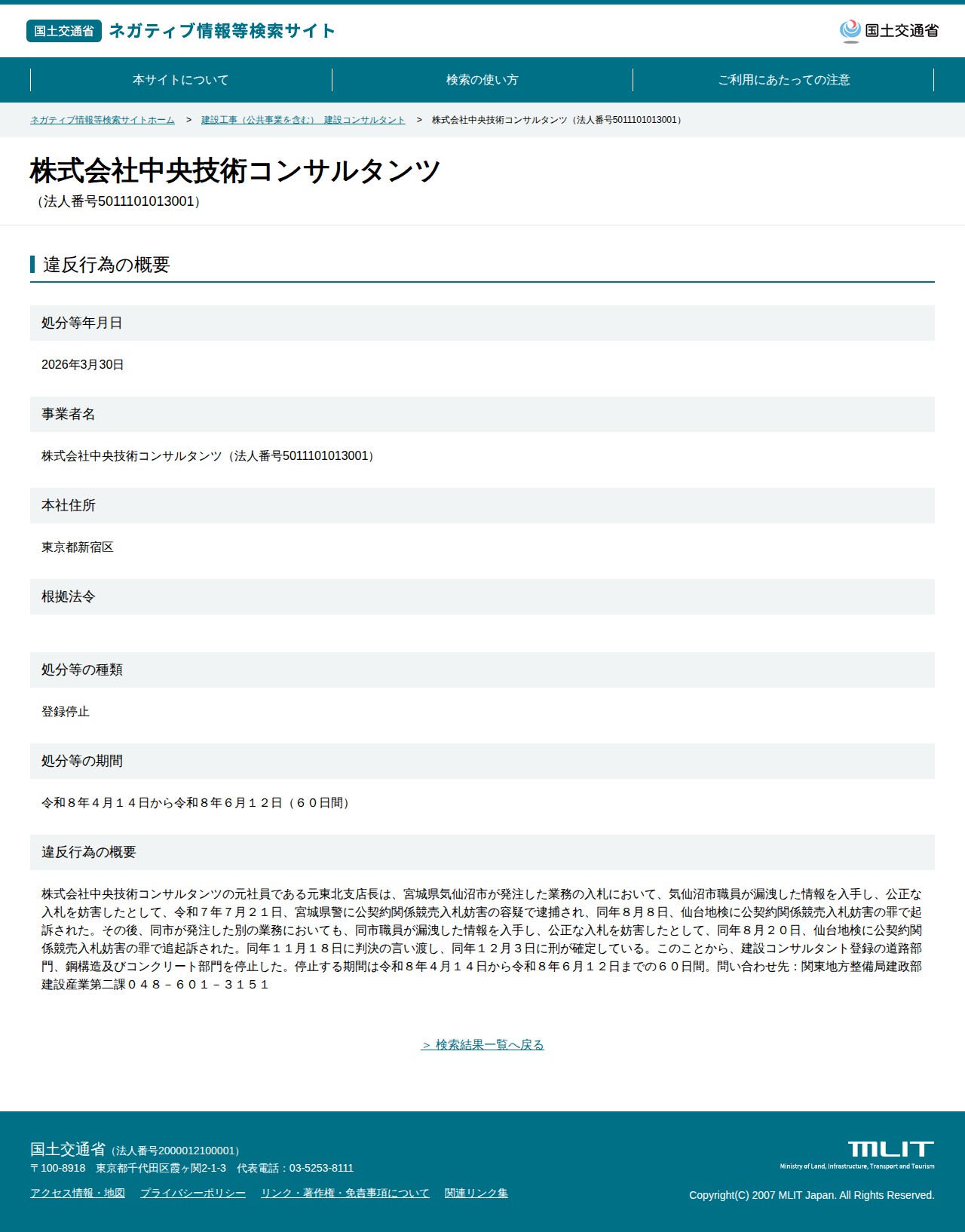株式会社中央技術コンサルタンツ(法人番号5011101013001) - 国土交通省 ネガティブ情報等検索サイト - 保存されたスクリーンショット