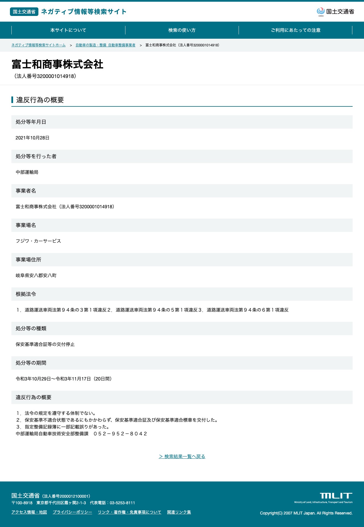 富士和商事株式会社(法人番号3200001014918) - 国土交通省 ネガティブ情報等検索サイト - 保存されたスクリーンショット