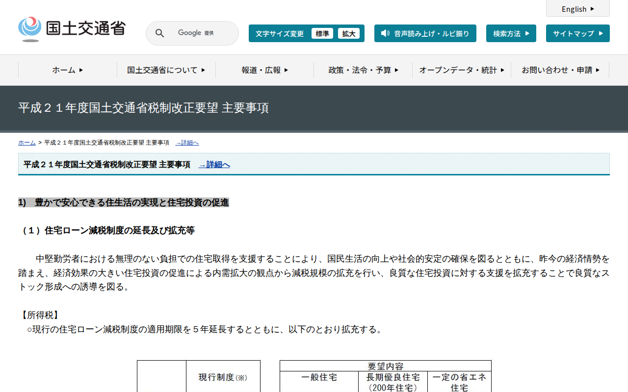 平成21年度国土交通省税制改正要望 主要事項 <A href="/policy/h21zeiseikaiseiyouboujikou.html">→詳細へ</a> - 国土交通省 - Saved screenshot