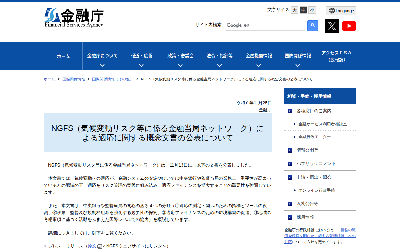 NGFS(気候変動リスク等に係る金融当局ネットワーク)による適応に関する概念文書の公表について:金融庁 - 保存されたスクリーンショット