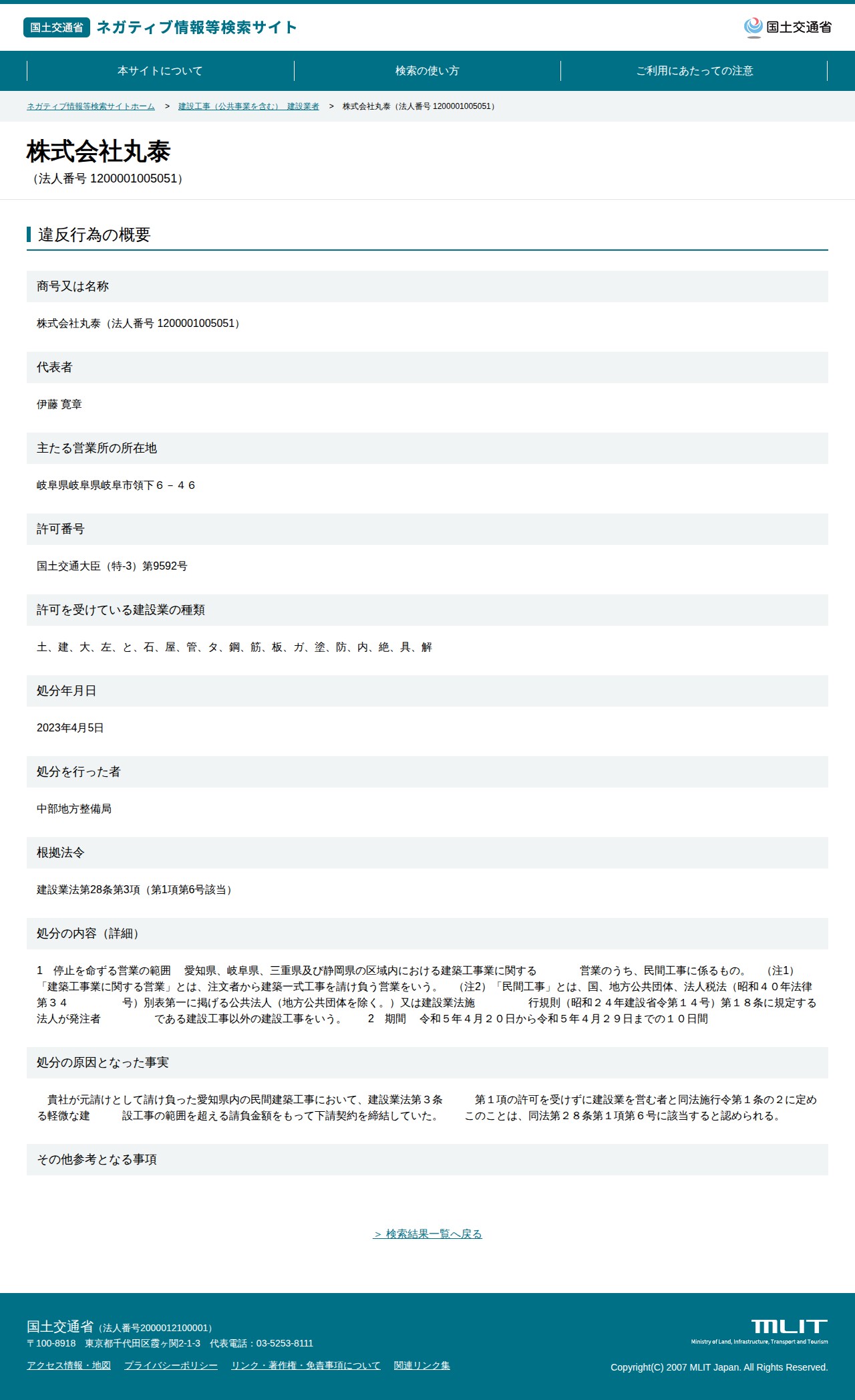 株式会社丸泰(法人番号 1200001005051) - 国土交通省 ネガティブ情報等検索サイト - 保存されたスクリーンショット