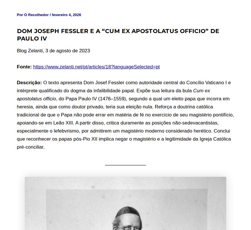 Dom Joseph Fessler e a “Cum ex apostolatus officio” de Paulo IV - O Recolhedor - 保存されたスクリーンショット