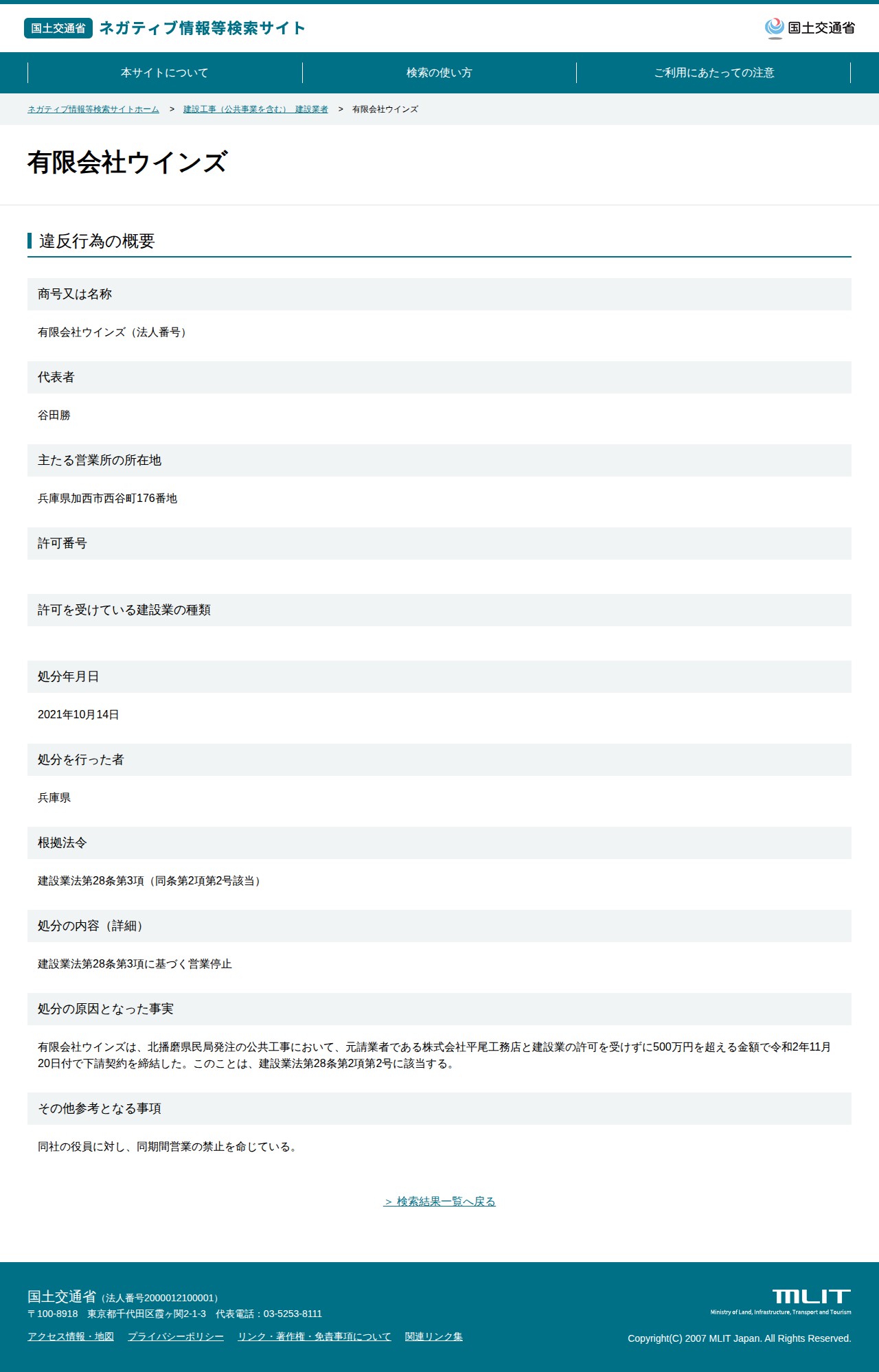 有限会社ウインズ - 国土交通省 ネガティブ情報等検索サイト - 保存されたスクリーンショット
