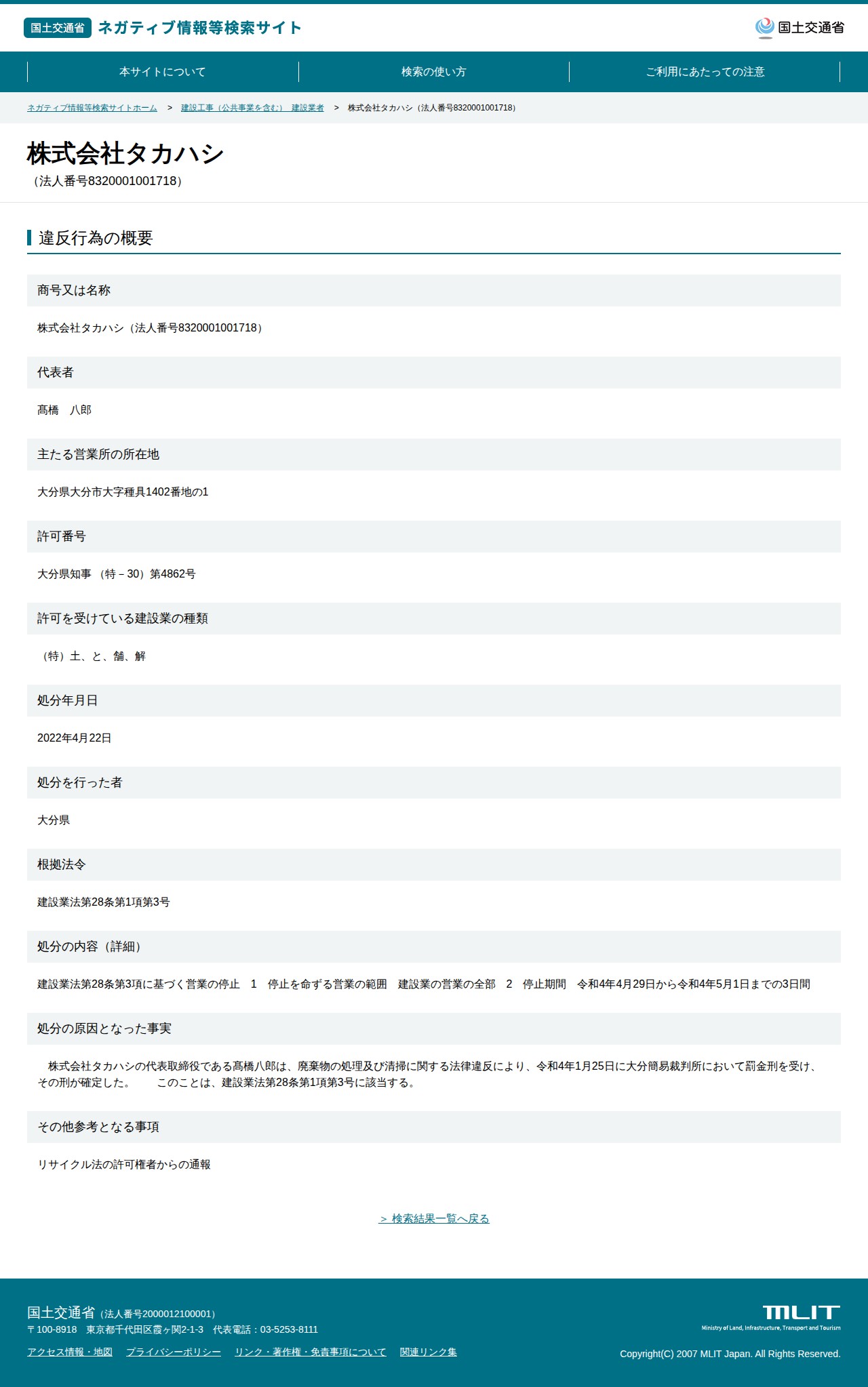 株式会社タカハシ(法人番号8320001001718) - 国土交通省 ネガティブ情報等検索サイト - 保存されたスクリーンショット