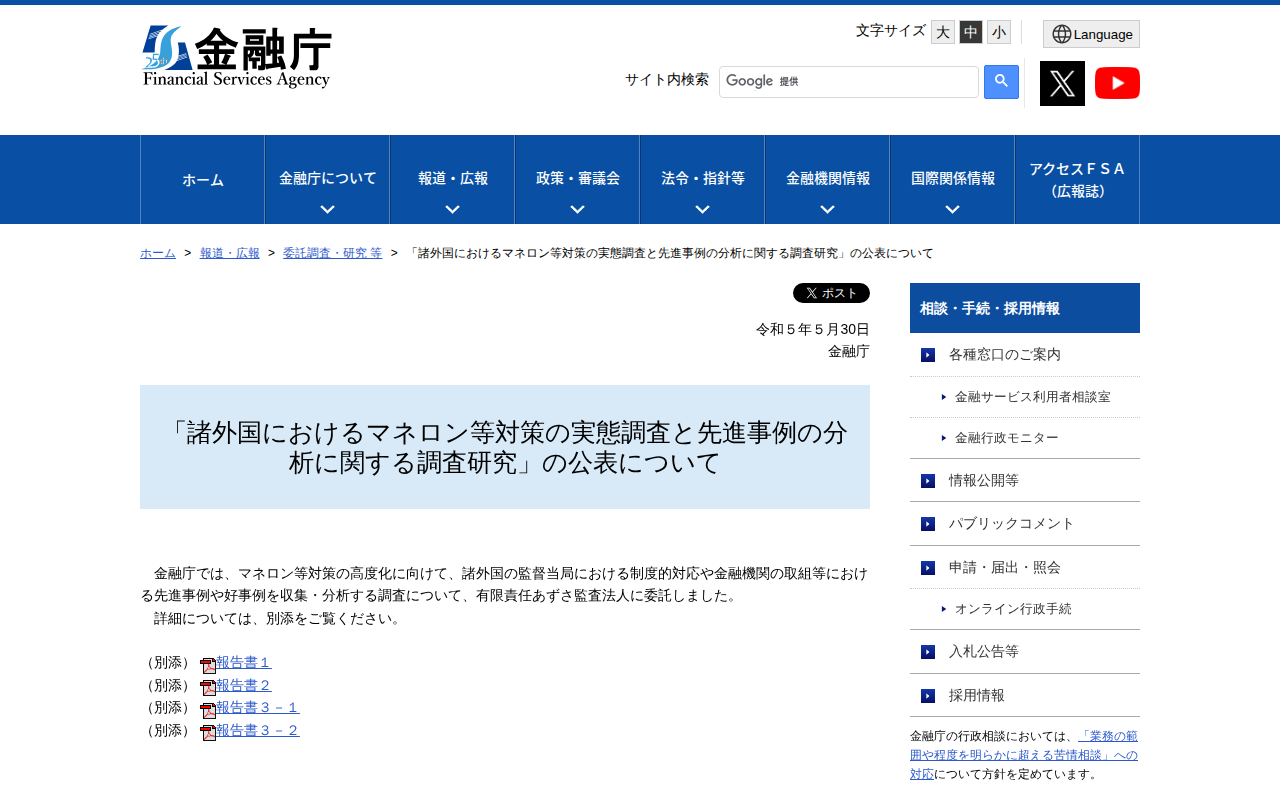 「諸外国におけるマネロン等対策の実態調査と先進事例の分析に関する調査研究」の公表について - 保存されたスクリーンショット