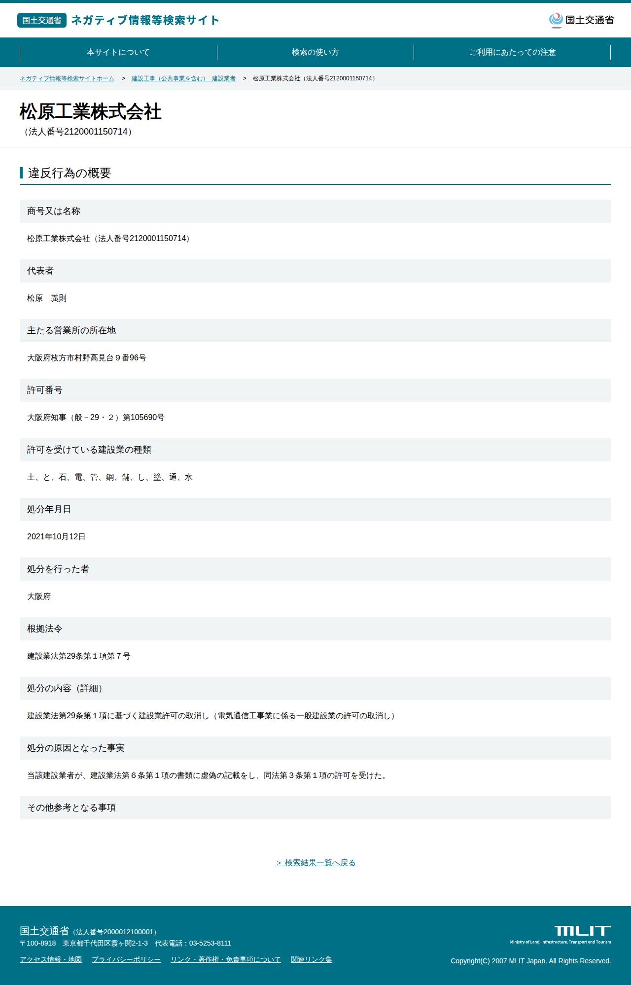 松原工業株式会社(法人番号2120001150714) - 国土交通省 ネガティブ情報等検索サイト - 保存されたスクリーンショット