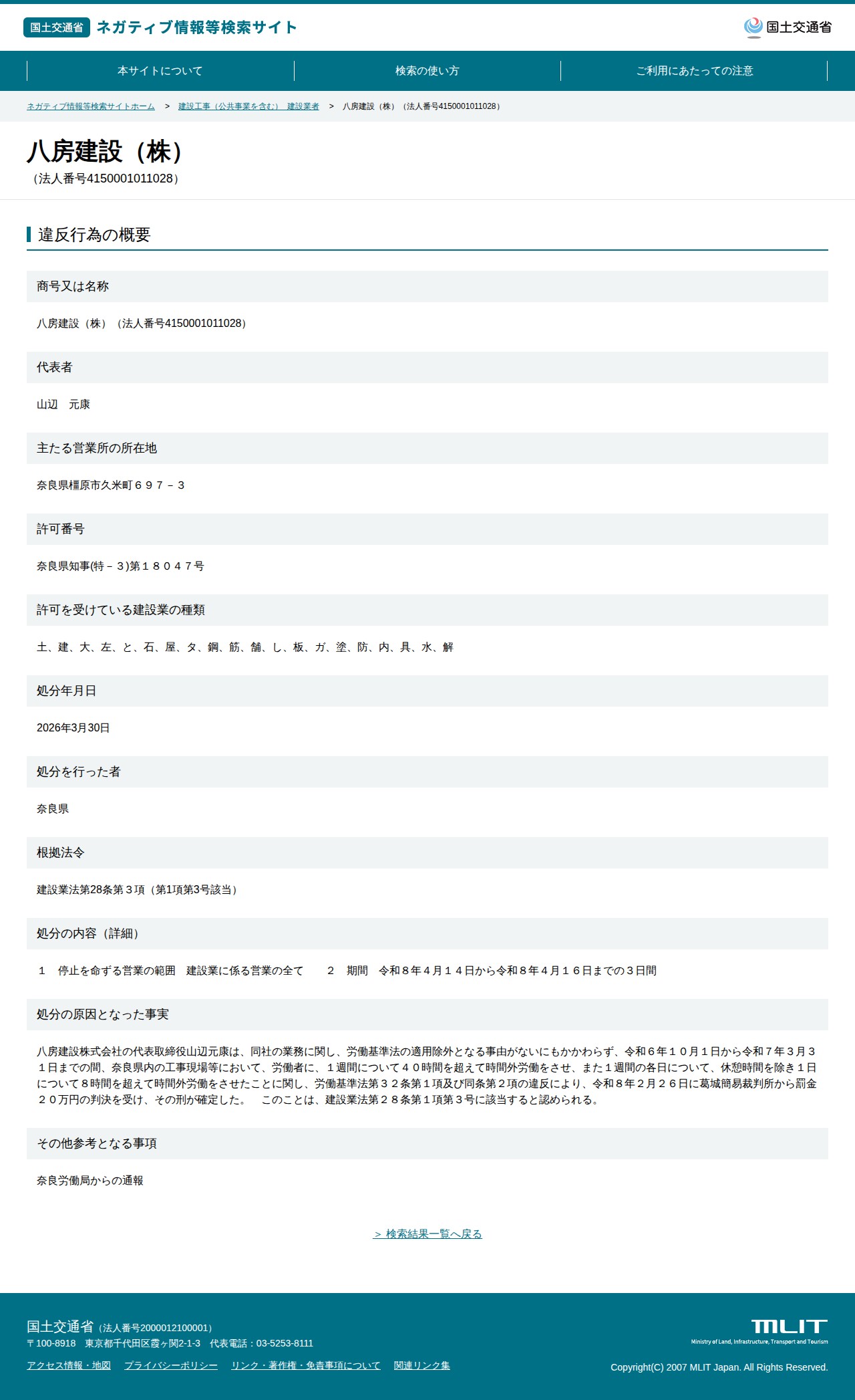 八房建設(株)(法人番号4150001011028) - 国土交通省 ネガティブ情報等検索サイト - 保存されたスクリーンショット
