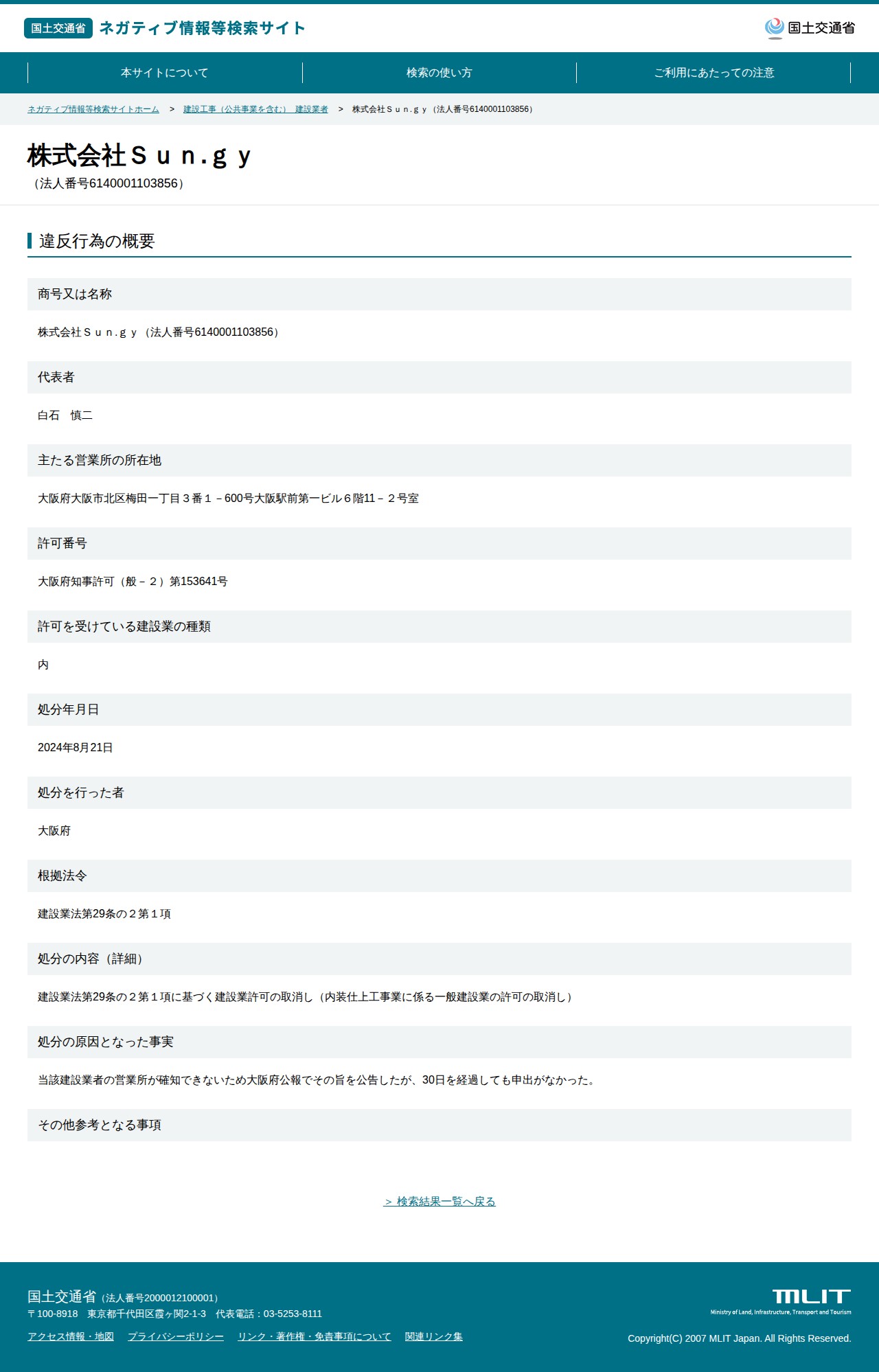 株式会社Sun.gy(法人番号6140001103856) - 国土交通省 ネガティブ情報等検索サイト - 保存されたスクリーンショット