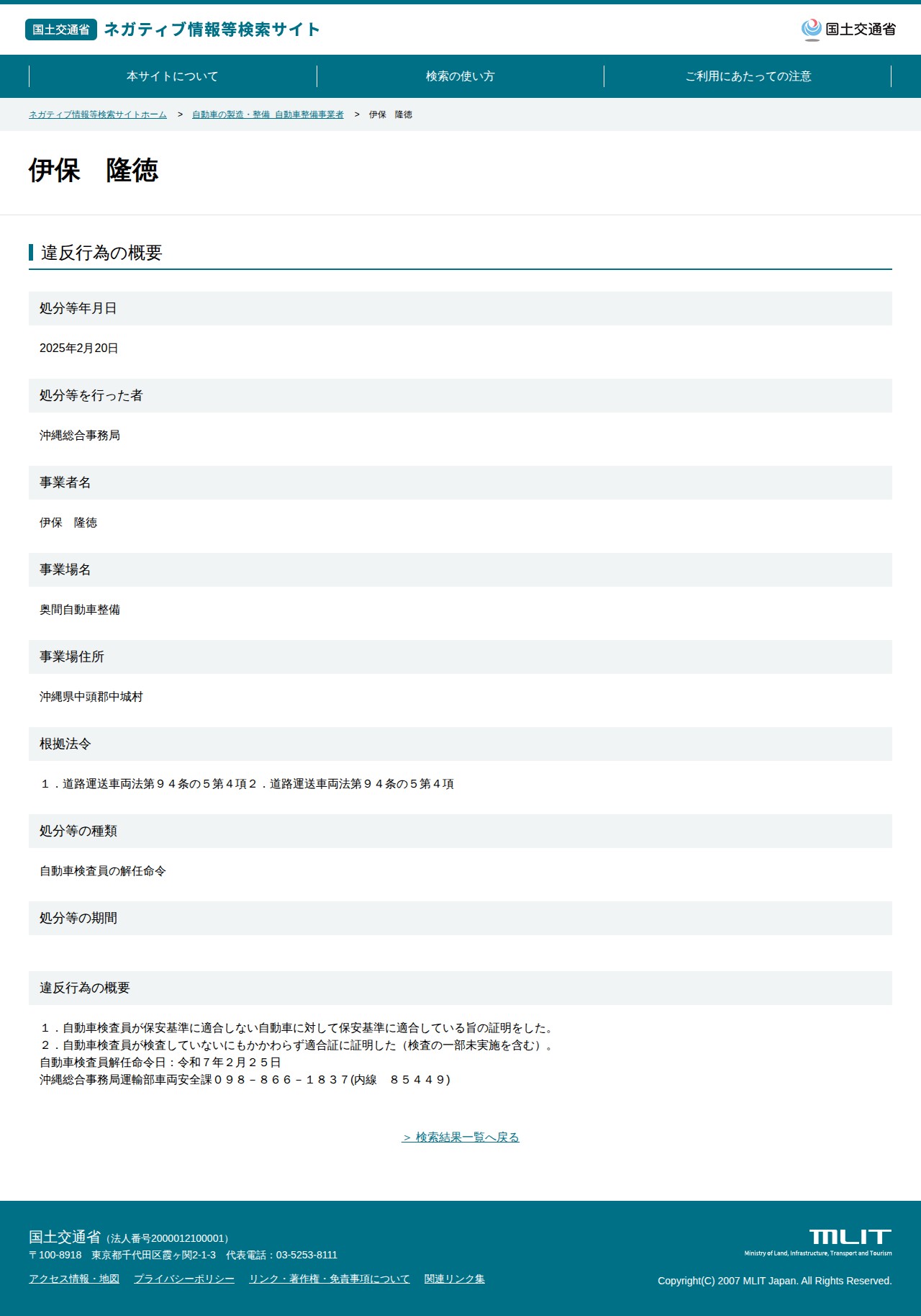 伊保 隆徳 - 国土交通省 ネガティブ情報等検索サイト - 保存されたスクリーンショット
