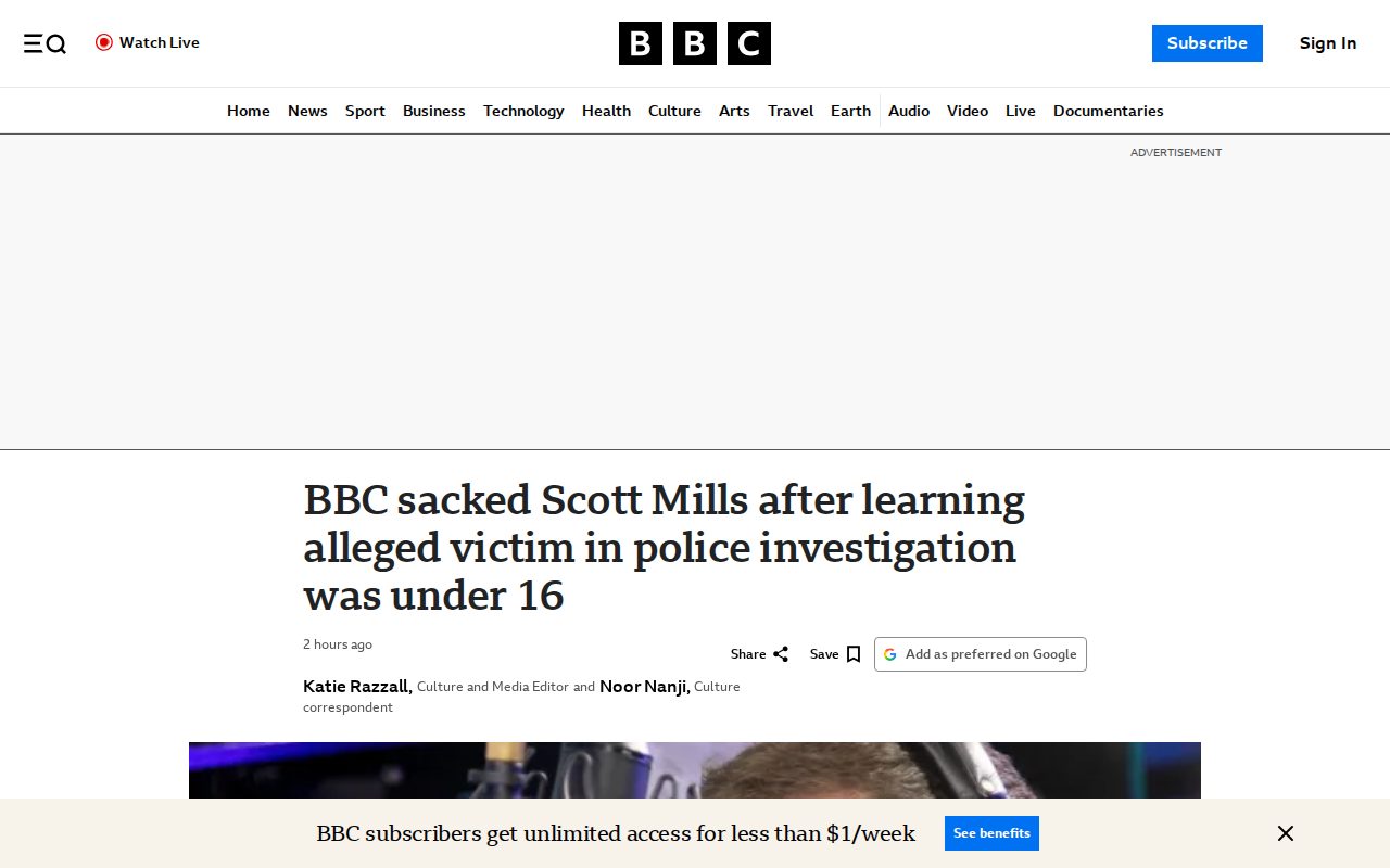 BBC sacked Scott Mills after learning alleged victim in police investigation was under 16 - 保存されたスクリーンショット