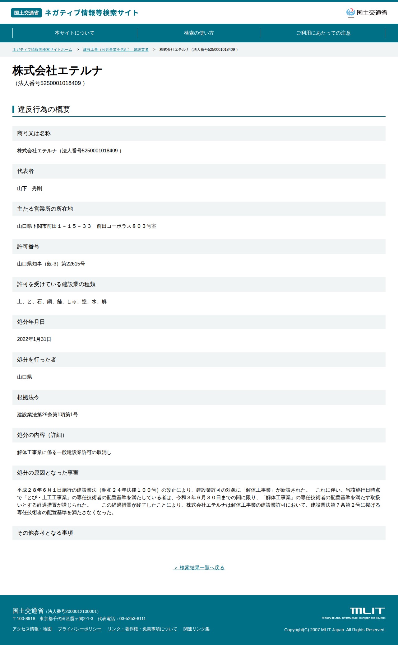 株式会社エテルナ(法人番号5250001018409 ) - 国土交通省 ネガティブ情報等検索サイト - 保存されたスクリーンショット
