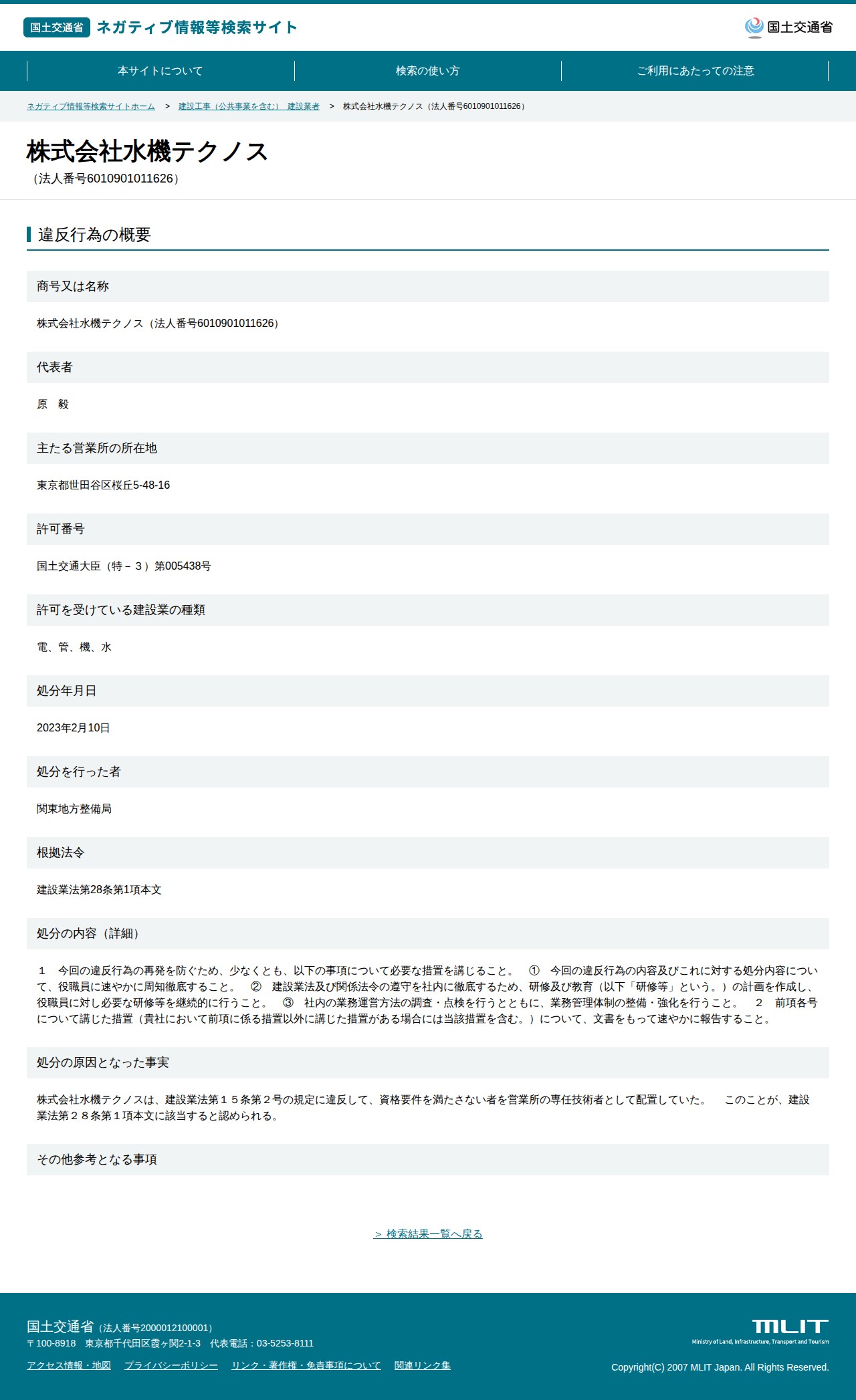 株式会社水機テクノス(法人番号6010901011626) - 国土交通省 ネガティブ情報等検索サイト - 保存されたスクリーンショット