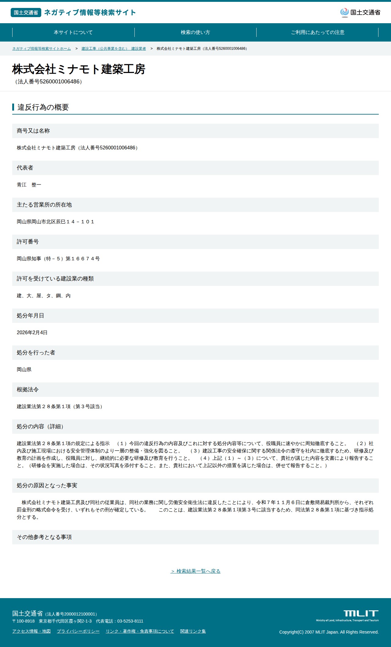 株式会社ミナモト建築工房(法人番号5260001006486) - 国土交通省 ネガティブ情報等検索サイト - 保存されたスクリーンショット