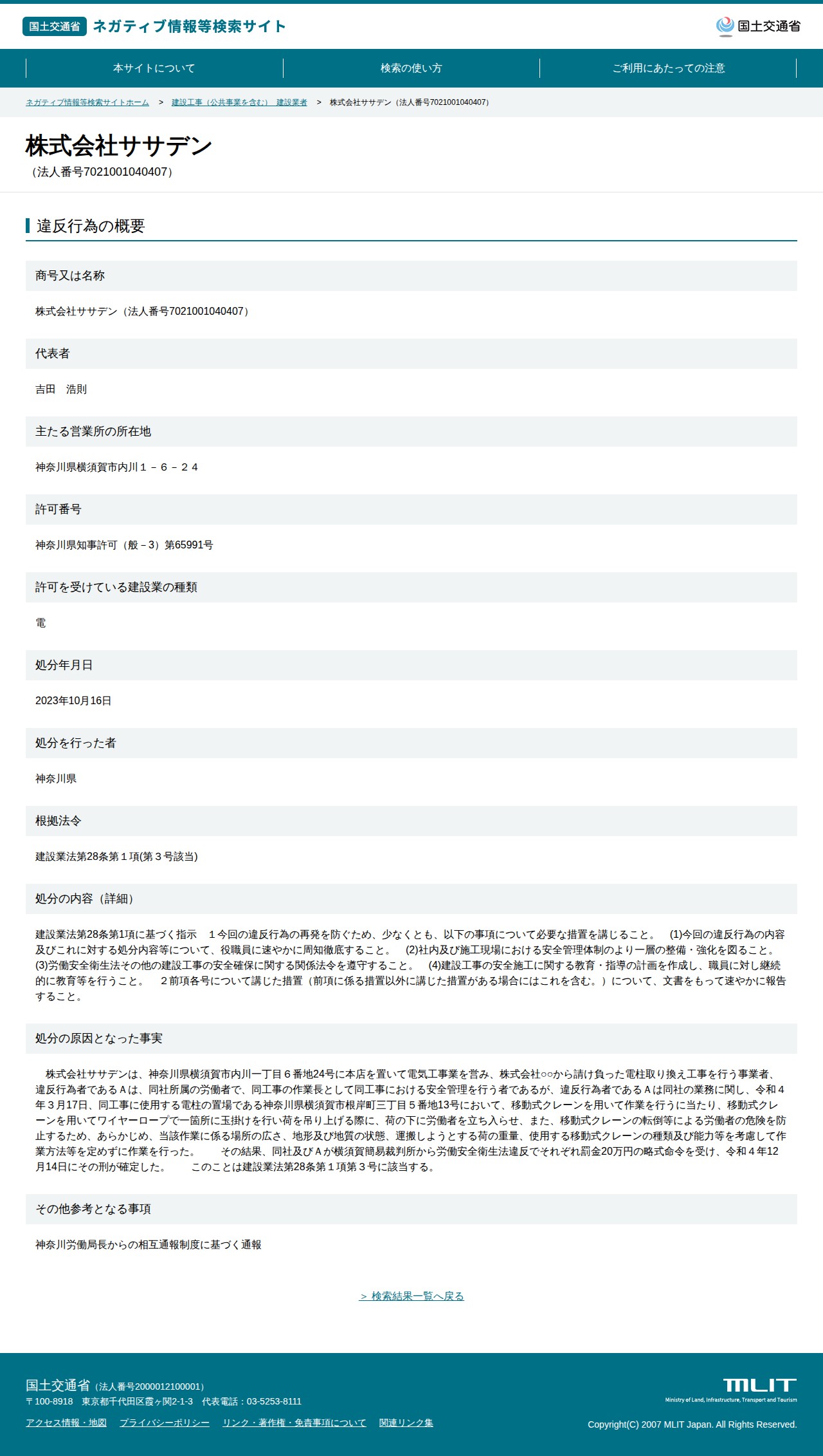株式会社ササデン(法人番号7021001040407) - 国土交通省 ネガティブ情報等検索サイト - 保存されたスクリーンショット
