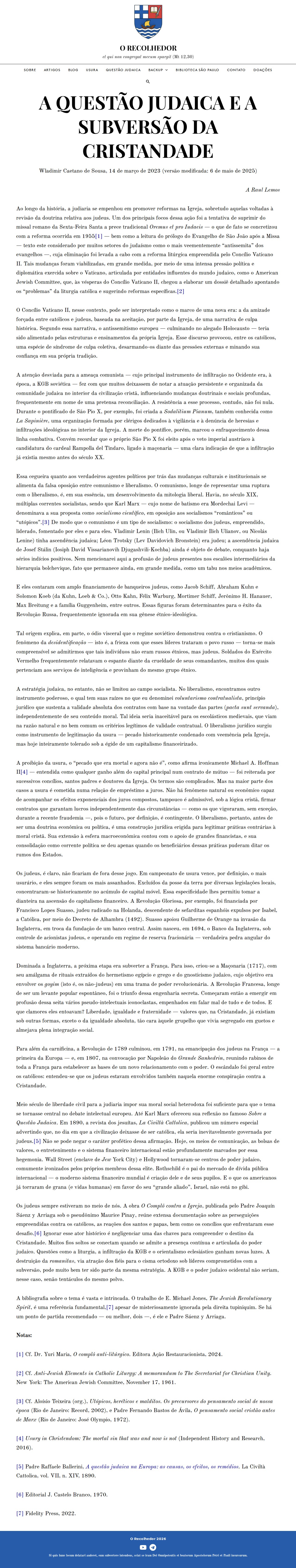 A Questão Judaica e a subversão da Cristandade - O Recolhedor - 保存されたスクリーンショット