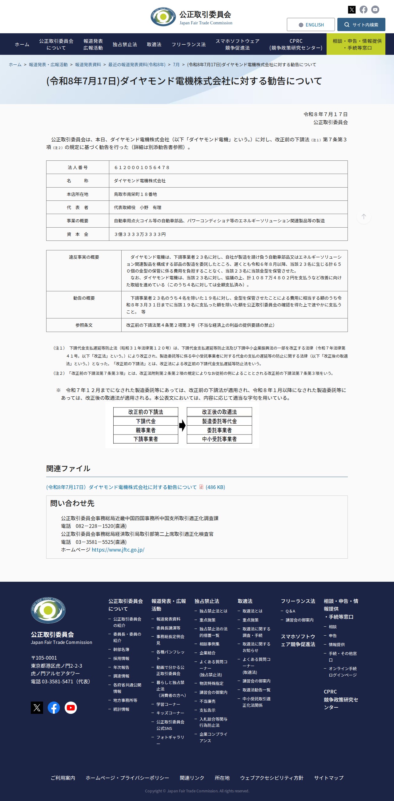 (令和8年7月17日)ダイヤモンド電機株式会社に対する勧告について | 公正取引委員会 - 保存されたスクリーンショット