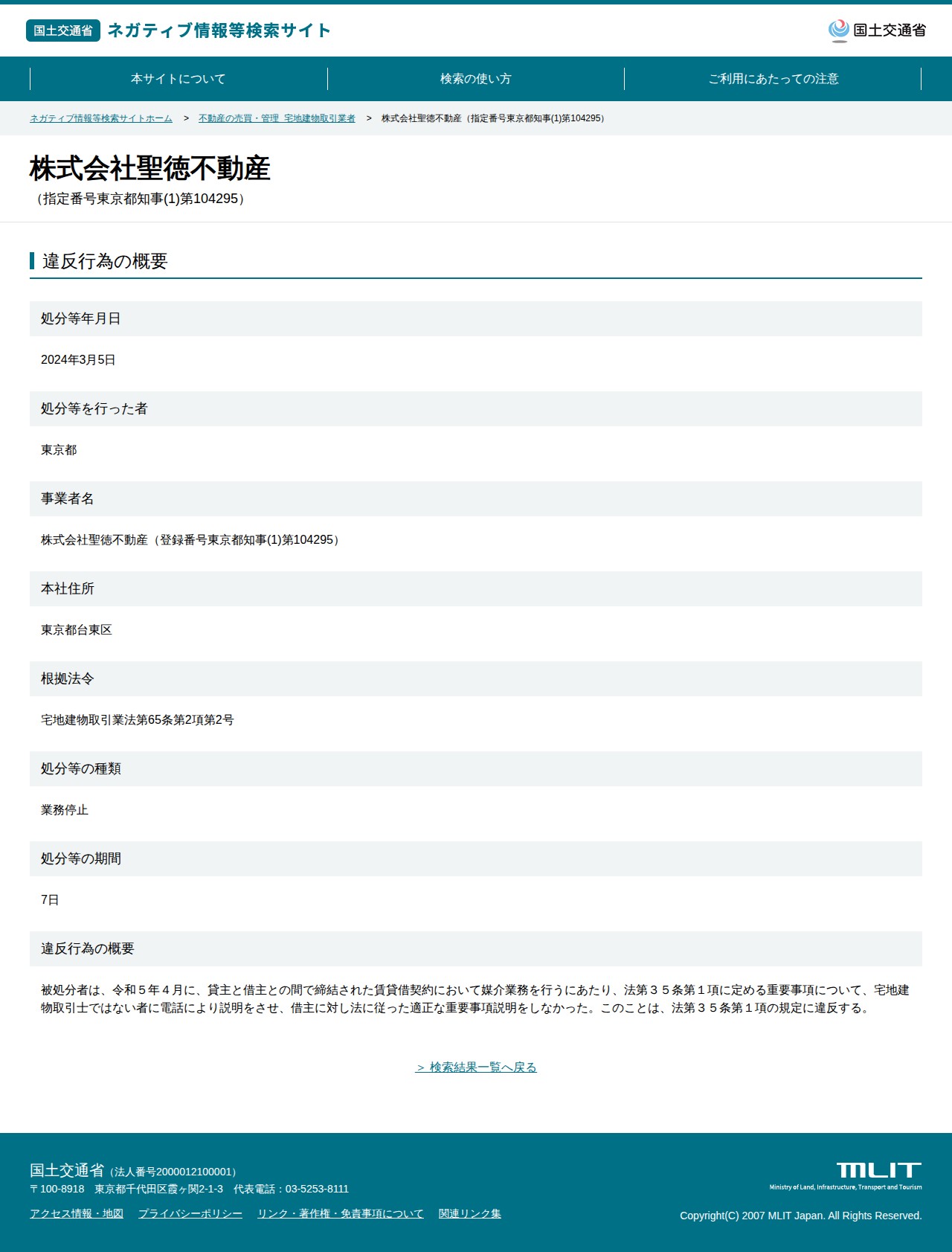 株式会社聖徳不動産(指定番号東京都知事(1)第104295) - 国土交通省 ネガティブ情報等検索サイト - 保存されたスクリーンショット