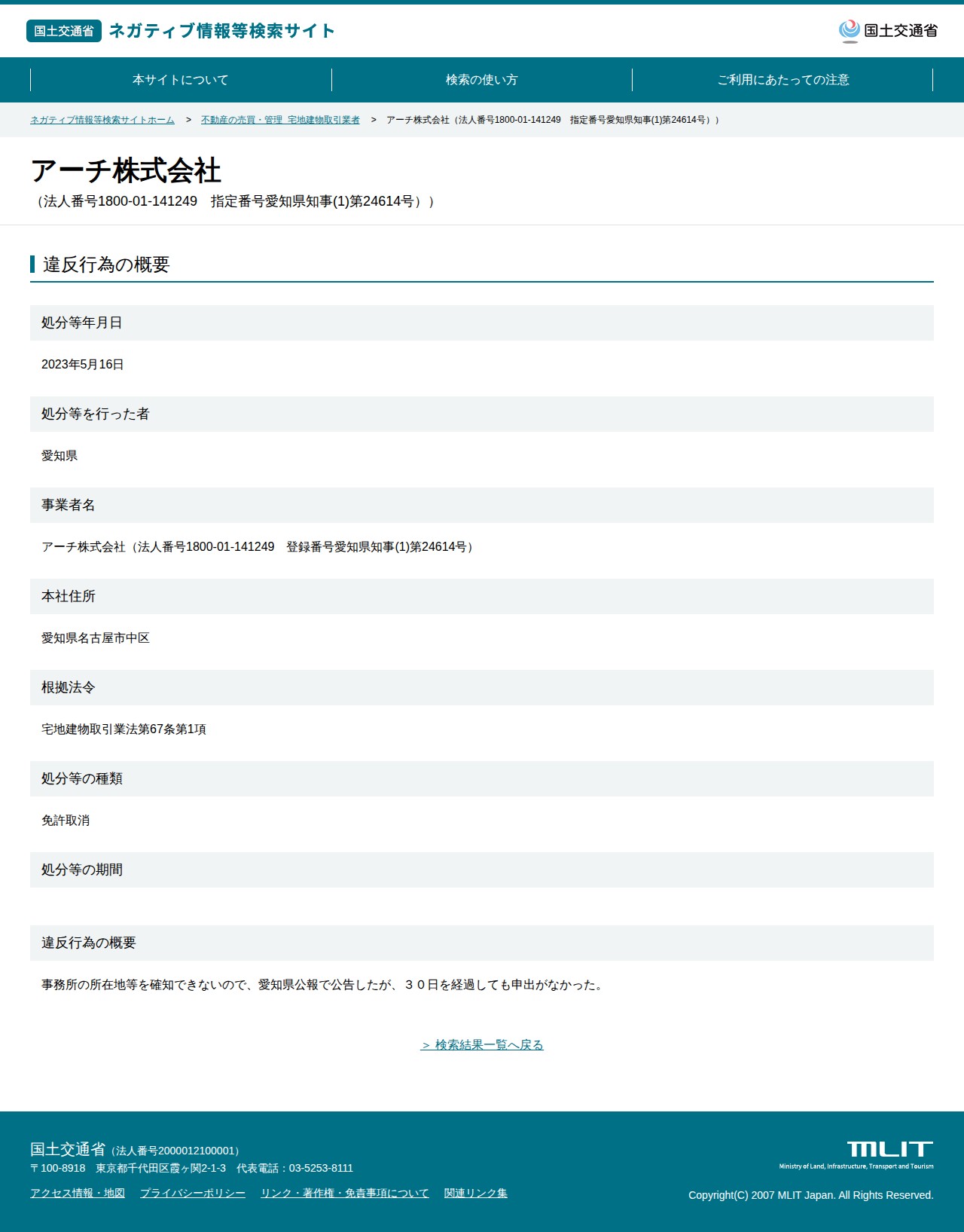 アーチ株式会社(法人番号1800-01-141249 指定番号愛知県知事(1)第24614号)) - 国土交通省 ネガティブ情報等検索サイト - 保存されたスクリーンショット