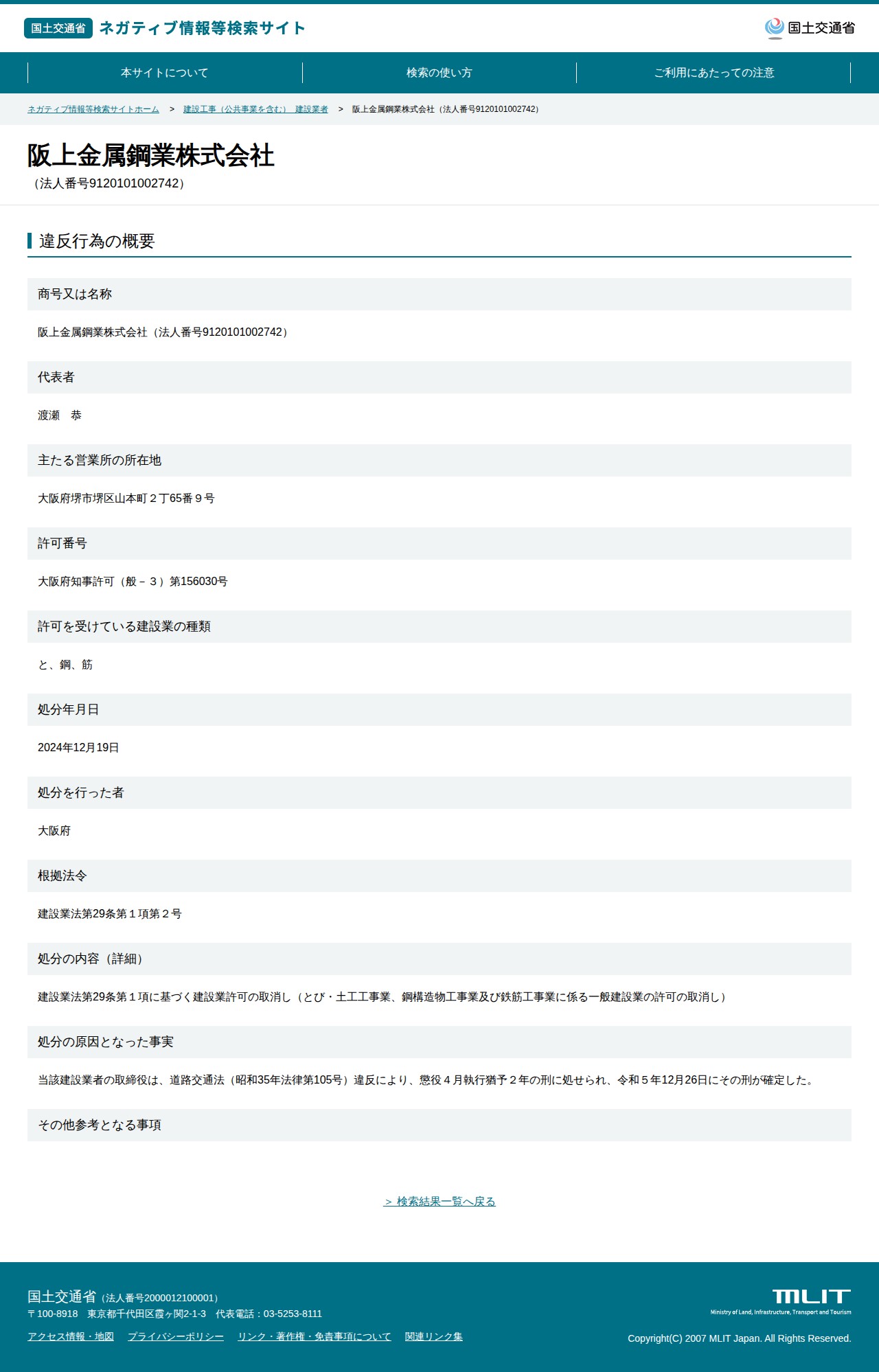 阪上金属鋼業株式会社(法人番号9120101002742) - 国土交通省 ネガティブ情報等検索サイト - 保存されたスクリーンショット