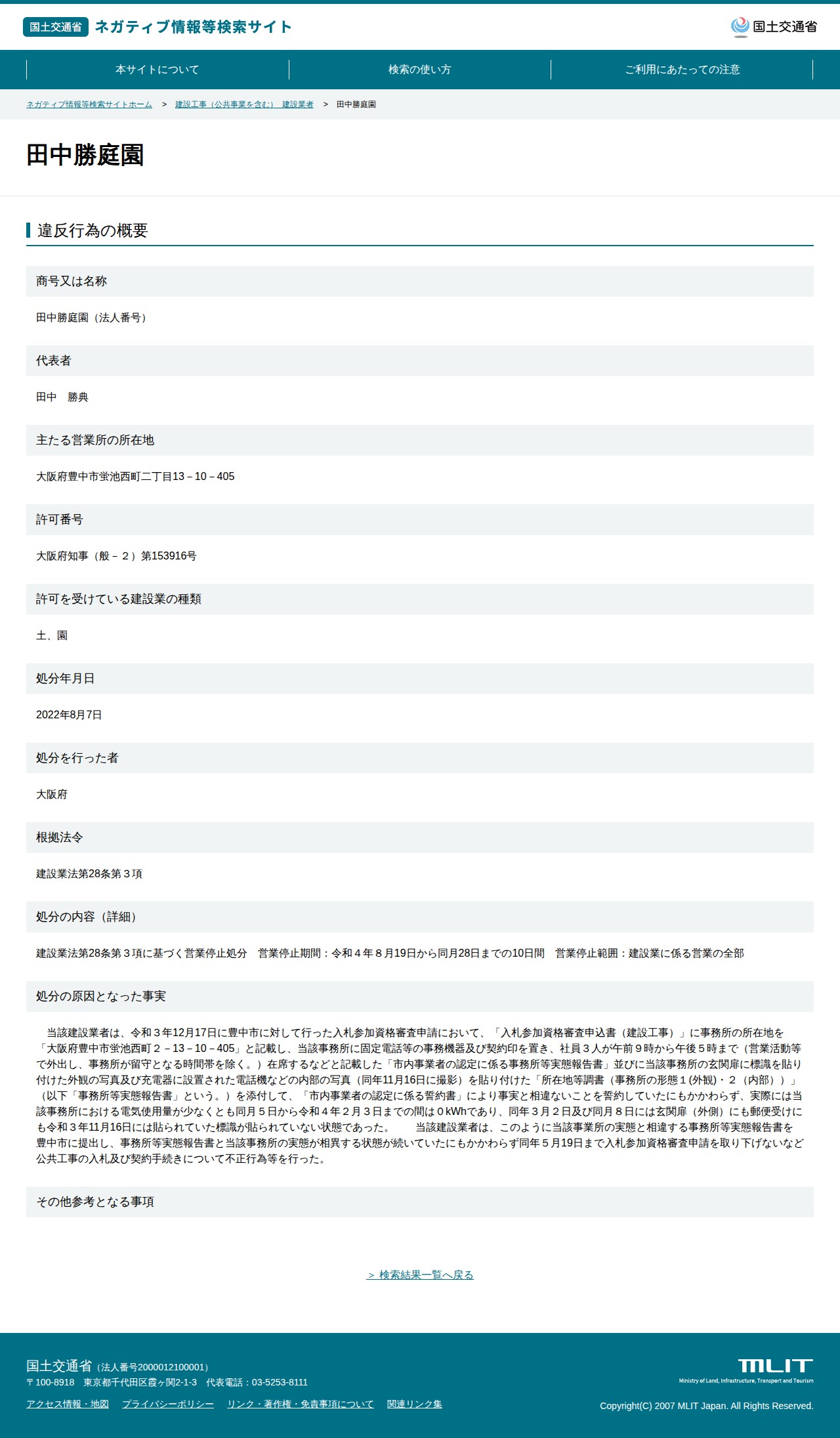 田中勝庭園 - 国土交通省 ネガティブ情報等検索サイト - 保存されたスクリーンショット