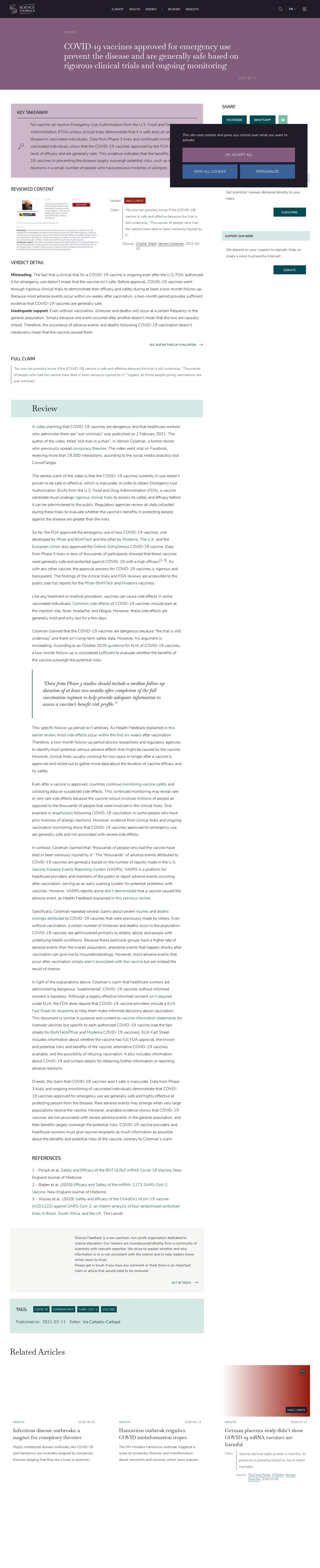 COVID-19 vaccines approved for emergency use prevent the disease and are generally safe based on rigorous clinical trials and ongoing monitoring - Science Feedback - Saved screenshot