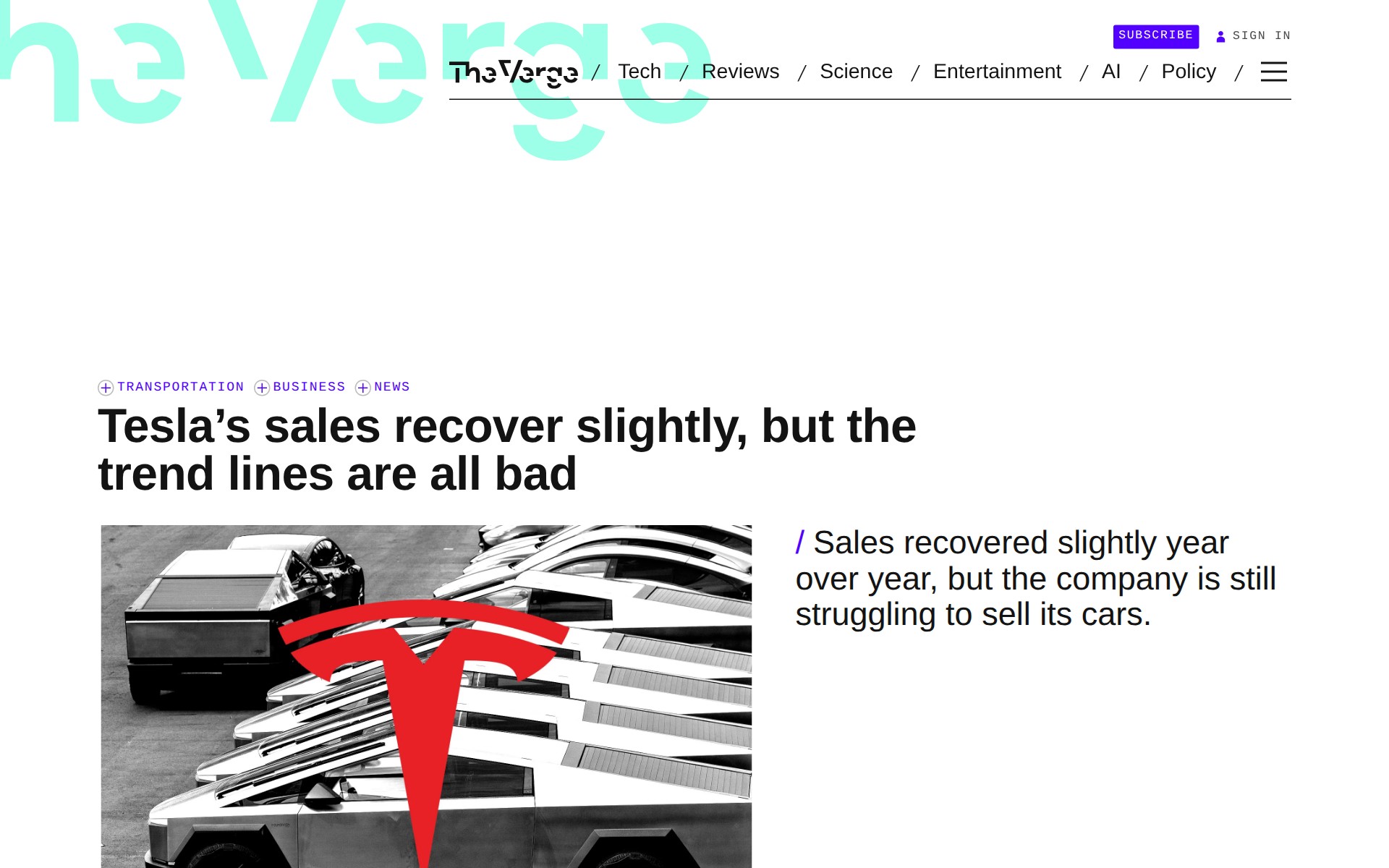 Tesla’s sales recover slightly, but the trend lines are all bad | The Verge - 保存されたスクリーンショット