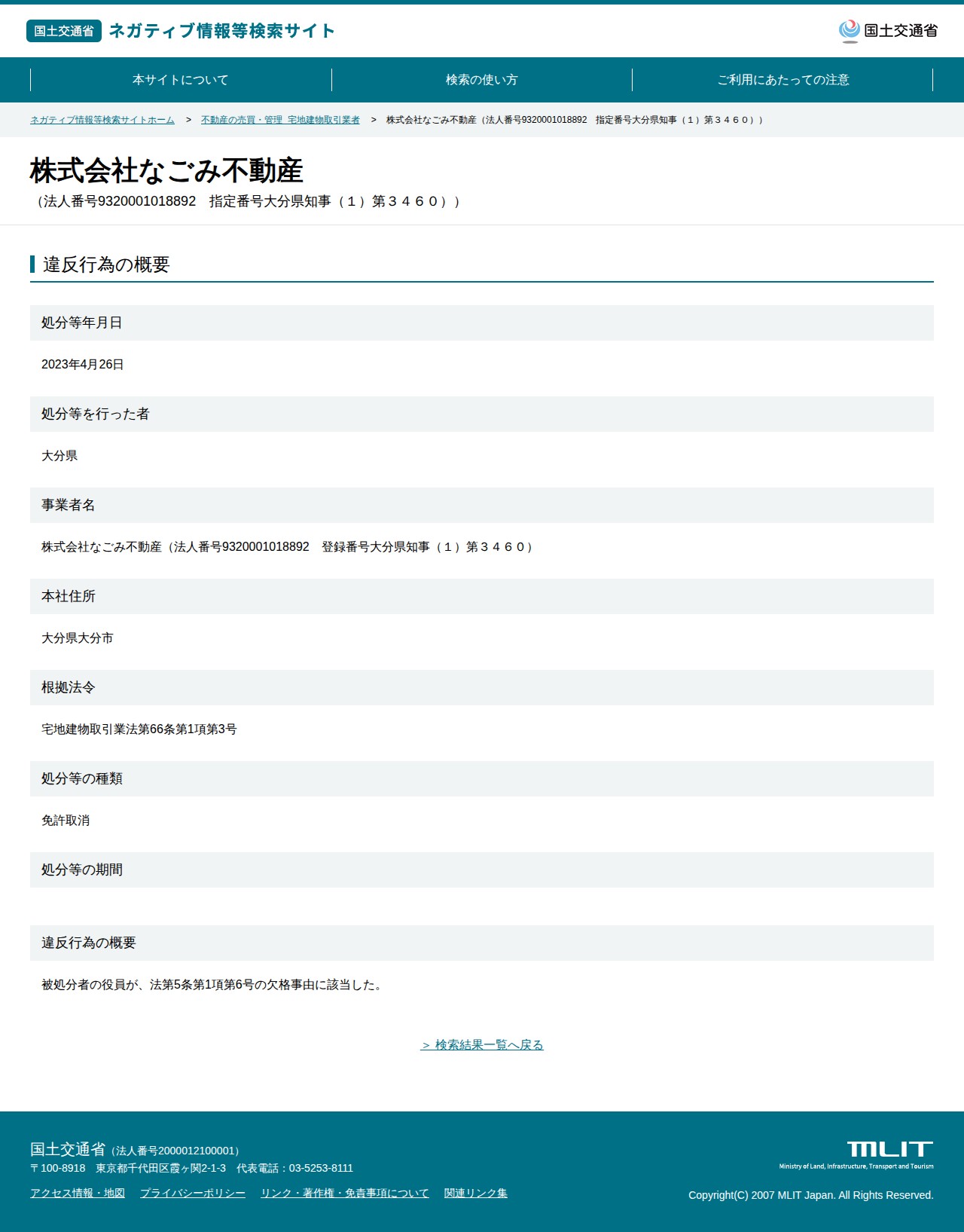 株式会社なごみ不動産(法人番号9320001018892 指定番号大分県知事(1)第3460)) - 国土交通省 ネガティブ情報等検索サイト - 保存されたスクリーンショット