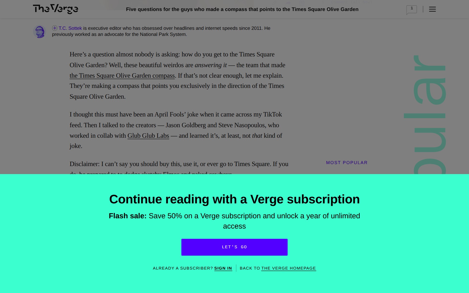 Five questions for the guys who made a compass that points to the Times Square Olive Garden | The Verge - 保存されたスクリーンショット