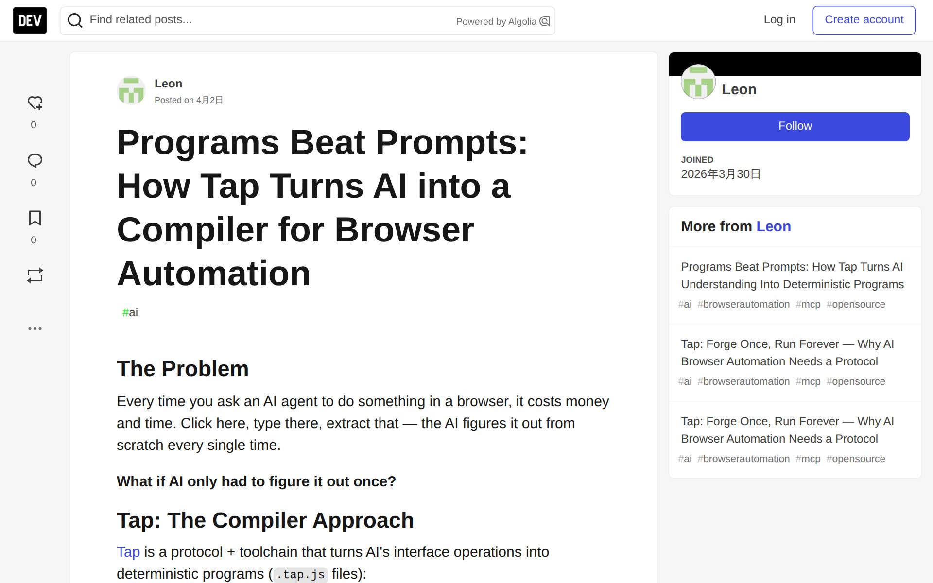 Programs Beat Prompts: How Tap Turns AI into a Compiler for Browser Automation - DEV Community - Saved screenshot
